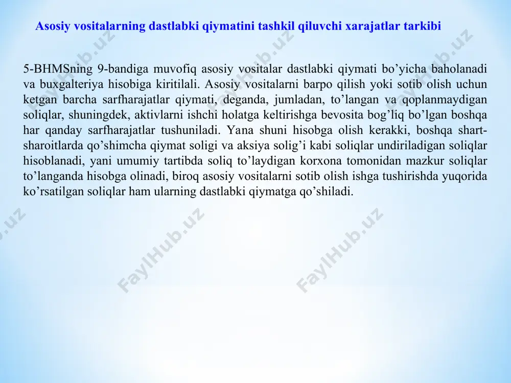 siy vositalarning eskirishi» schyoti. v) mahsulotlar (ishlar, xizmatlar) va tovarlarni sotishda foydalanilayotgan, ma’muriy maqsalda, malaniymarifiy va boshqa ijtimoiy vazifalarda ishlatilayotgan asosiy vositalar bo’yicha: dt «davr xarajatlari» schyoti, kt «asosiy vositalarning eskirishi» schyoti. 21-сонли бҳмс "хўжалик юритувчи субъектларнинг молиявий-хўжалик фаолияти бухгалтерия ҳисоби счётлар режаси ва уни қўллаш бўйича йўриқнома". 5-son bhmsga muvofiq, asosiy vositalar bo’yicha amortizatsiya summasi quyidagi usullardan birini qo’llash yo’li bilan hisoblanishi mumkin: 1) amortizatsiyani bir tekisda (to’g’ri chiziqli) hisoblash; 2) amortizatsiyani bajarilgan ishlar hajmiga mutanosib ravishda hisoblash (ishlab chiqarish usuli); 3) ikki karrali amortizatsiya meeri bilan kamayib boruvchi qoldiq usuli; 4) yillar yig’indisi usuli (kumulyativ usul). masalan: kompyuterning boshlang’ich qiymati 1100000 so’m, uning foydalanish muddati oxiridagi qoldiq (tugatuvchi) qiymati 100000 so’m, foydali xizmat muddati 5 yil, yillik amortizatsiya meyori amortizatsiyalanadigan qiymatning 20 % ni yoki 200000 so’m ((1100000-100000)/5=200000) so’mni tashkil etadi. masalan: oldingi -misolda kompyuterning foydali xizmat muddati 5 yilga teng edi. mos holatda, to’g’ri chiziqli usulda yillik …