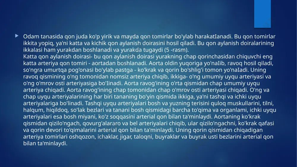r tomchisidan ham yurak o'z ehtiyoji uchun foydalanmaydi. yurak muskullari ikkita maxsus tojsimon arteriya orqali qon bilan ta'minlanadi. bu tomirlar aortaning boshlang'ich qismidan ajralib, yurak muskullari orasiga kiradi. artetiya tomirlaridagi qon yurak muskullarini oziq moddalar va kislorod bilan ta'minlab, vena qoniga aylanadi, ikkita yurak venasini hosil qilib yurakning o'ng bo'lmachasiga quyiladi. katta yoshli odamda tinch holatda yurakning tojsimon arteriyasi orqali bir minutda 200-250 ml qon yurak muskullariga boradi. lismoniy mashq bajarganda esa bu qonning miqdori 800-1000 ml gacha ortadi. bir kecha kunduzda tojsimon arteriyalar orqali 500 i qon yurak muskullaridan oqib o'tadi. yurakning ishlashi- yurakning asosiy ishi nasos singari vena qon tomirlaridagi qonni so'rib, arteriya qon tomirlariga o'tkazishdan iborat. yurakning bu ishi uning bo'lmacha va qorinchalari devoridagi muskullarning ritmik ravishda qisqarishi va kengayishi orqali amalga oshadi. bo'lmacha va qorinchalar muskullarining qisqarishi sistola, kengayishi diastola deb ataladi. yurakning bo'lmacha va qorinchalarining bir marta qisqarib bo'shashishi yurakning bir ish sikli deb ataladi. …