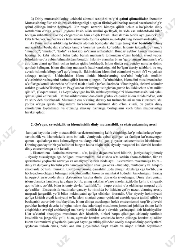 nday odam bashqalarga nisbatan toqatsiz va mutaassib bo’lib hisoblanadi. 5. dunyoviy va diniy bilimlarning sayozligi, sof diniy tushunchalarning asl mazmunini bilmaslik mutaassiblikka sabab bo’ladi. bu jarayonning eng xatarli jihati dinni siyosiylashtirish vositasida hoqimiyatga intilish, dinni noto’g’ri talqin qilish bilan odamlar orasiga nifoq solish, qo’poruvchilik ishlarini amalga oshirish va g’arazli manfaatlarni ro’yobga chiqarishga urinishlar amalga oshiriladi. shuning uchun jamiyat hayotida diniy ekstremizm kelib chiqishining birinchi va asosiy sababi mutaassib fikr va qarashlarning paydo bo’lishidir. mutaassiblik diniy ekstremizm va terrorizmga zamin tayyorlaydi. bugungi kunda «aqidaparastlik» so’zi «mutaassiblik» so’zi bilan birgalikda qo’llanib kelinmoqda. 6. mutaassiblik ilmiy, ijtimoiy, aqidaviy sohalarda doim uchraydigan tushuncha bo’lib, u din va jamiyatning rivojlanishiga to’sqinlik qiluvchi omil bo’lib hisoblanadi. mutaassiblik diniy – aqidaviy va fiqhiy sohalarda ham namoyon bo’lib, u dinning turli ijtimoiy va siyosiy oqimlarga bo’linib ketishiga sabab bo’ladi. islom dinida diniy mutaassiblik kelib chiqishining asosiy sabablaridan biri diniy ilmlar – qur’on, hadis va shariatni bilmaslikdir. islom dini …