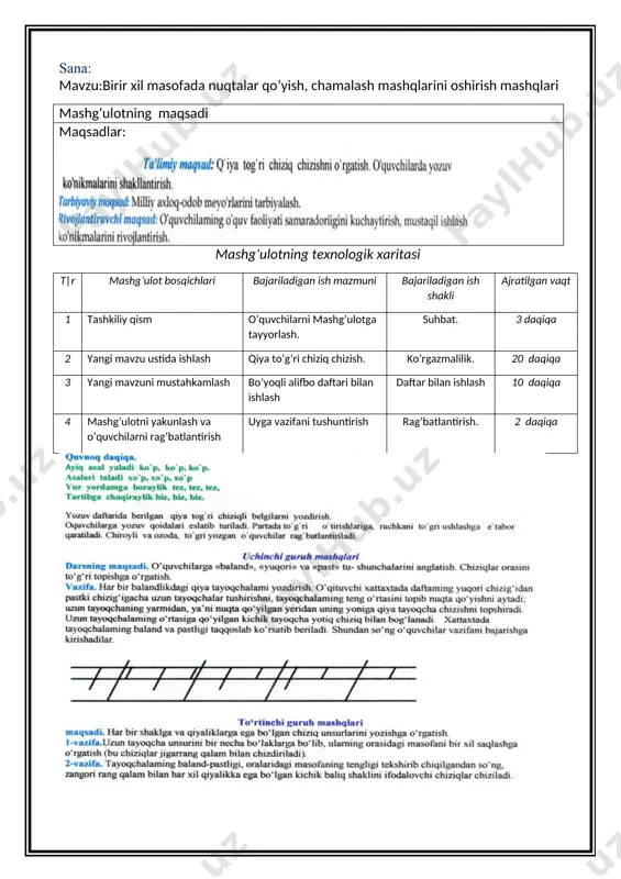 rib qiynalayotgan o`quvchilarga yordamlashib turiladi. v.darsda faol ishtirok etgan o`quvchilarni baholayman. yozib bo`lgan o`quvchilarning ishlarini o`quvchilar bilan birgalikda ko`rib tahlil qilish ,kamchiliklarini ko`rstib tuzatishlarini aytish. vi.uyda: o o va nn harfini yozib kelish ko’rdim:mmibdo’: ______________________ sana: mavzu: kichik n va n harflarini yozish maqsad: ta’limiy: kichik o va n, bosh o va n harflarini yozishga o`rgatish. tarbiyaviy: o'quvchilarni gigiyenik jihatdan tarbiyalash. rivojlantiruvchi: qo'l harakatlarini rivojlantirish. axborotlar bilan ishlash kompetensiyasi: televizordan ko‘rgan, radiodan eshitgan lavhalaridan ma’lumotlar tushunib aytib bera oladi. o‘zinio‘zi rivojlantirish kompetensiyasi: kun tartibiga rioya qiladi; kattalarni hurmat qiladi; ijtimoiy faol fuqarolik kompetensiyasi: maktabda, oilada bo‘layotgan jarayonlarda ishtirok etadi; milliy va umummadaniy kompetensiyasi: orasta kiyinadi, maktab ichki tartib qoidalariga va gigiyena talablariga doimo rioya qiladi. dars turi: yangi bilim beruvchi dars uslubi: tushuntirish, ko`rsatmalilik, amaliy dars jihozi: darslik, kesma harflar, rasmlar darsning borishi. i. tashkiliy qism davomatni aniqlash o`quvchilarni darsga tayyorgarligini tekshirish. ii.o`tilgan mavzu yuzasidan o`quvchilarni bilimlarini baholash. o`quvchilarni yozuv …