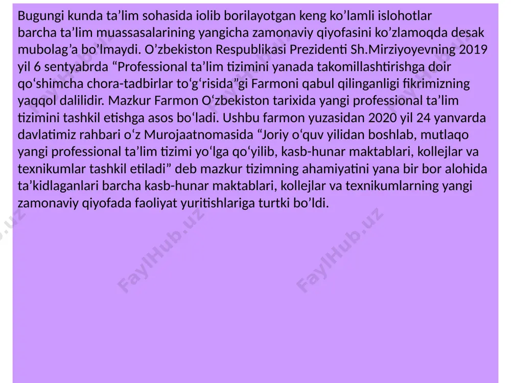 sosida 6 oydan 1 yilgacha bo‘lgan muddatda o‘qitiladi. o‘rta bo‘g‘in mutaxassislarini tayyorlash uchun zarur muddat kamida 2 yilni tashkil qiladi. o‘quvchilarni ijtimoiy qo‘llab-quvvatlash hamda mazkur maktablarning jozibadorligini oshirish maqsadida 2020-2021-o‘quv yilidan boshlab, professional ta’lim tizimiga o’tgan barcha ta’lim muassasalarida o‘quvchilariga 3 mahal ovqat, stipendiya beriladi. sharq va g‘arbda yaratgan xalq og‘zaki ijodiyoti, pedagogikasi, mutafakkir, ma’rifatparvar, pedagog va olimlarning tarbiyashunoslikka doir ilg‘or g‘oyalarini o‘rganib, tahlil qilib, komil insonni tarbiyalash jarayonini o‘rganish; komil insonni tarkib toptirishning qonuniyat, qoida va zaruriy sifatlarini aniqlash; pedagogikadagi ta’lim – tarbiya nazariyasini hozirgi davr xususiy metodikasi bilan uzviylik muammolarini ishlab chiqish va yangi pedagogik texnologiyalar qonunlariga amal qilish; ta’lim – tarbiya nazariyasidagi qoida,qonun, tamoil,metod va usullarini maktab amaliy hayoti bilan bog‘lab,bo‘lajak o‘qituvchilarga o‘rgatish; xalq ta’limini boshqarish va raxbarlik masalarini chuqur o‘rganib bo‘lajak o‘qituvchilarni qanday tayyorlash muammolarini hal qilish. pedagogika fanining mazmuni, maqsadi,vazifalari, tamoil, usul va vositalari umuman, har bir inson uchun zarur bo‘lgan tarbiyaviy ta’sirlar yangicha asosga …