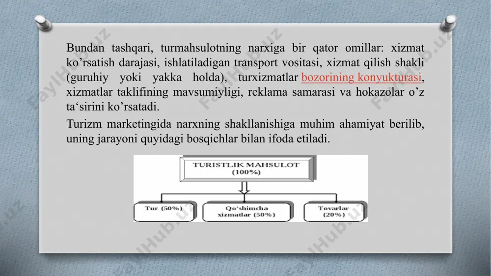 hlarning ko’payishiga olib kelsa va harajatlarni qoplasa, bu talab egiluvchan bo’ladi, aksincha, talab egiluvchan bo’lmaydi. narx egiluvchanligi darajasi sayohatning dalillari va maqsadlariga bog’liq. ish bilan bog’liq sayohatlar narxning o’zgarishiga rioya qilmaydi, shaxsiy maqsadda amalga oshirilayotgan sayohatlar narx o’zgarishiga bog’liq. talabning narx egiluvchanligiga bog’liq bo’lgani tufayli turizm marketingda narxlar asosiy vositalar bo’lib hisoblanadi. bu quyidagi sabablarga asoslanadi: narx o’zgarishi sotish hajmiga kuchli ta‘sir o’tkazadi. odatda, nisbatan past bo’lgan narx turistlarni o’ziga jalb qiladi, ammo odatdagidan yuqori narx ham xuddi shunday samara berishi mumkin. iste‘molchilar yanada qimmat bo’lgan xizmatlarni juda sifatli deb qabul qiladi, ayniqsa ularni tekshirish imkoniyati bo’lmagan holatda. narx o’zgarishi, boshqa marketing tadbirlarga nisbatan, eng tez samara beradi. salohiyatli turistlar taklif etilgan xizmatlar o’zgarishina nisbatan narx o’zgarishiga tezroq javob beradi. yangi mijozlarni jalb qilish maqsadida ro’y bergan narz o’zgarishi samara berishi iuchun u faqat savdo vositachilar va salohiyatli mijozlarga qaratilgan tadbirlar bilan birgalikda amalga oshirilishi kerak. narxni belgilash uchun faqat …