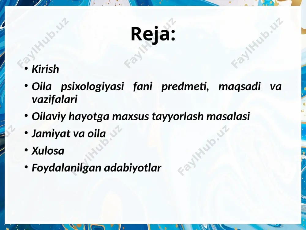 uzatilgan tabiiylikni ma`lum darajada buzilishiga va oqibatda inson ruhiyatida mumkin qadar hissiy, emotsional zo`riqishlarning yuzaga kelishiga asos bo`lmoqda. bularning ta`siri oilaviy hayot va undagi psixologik iqlimda ham o`z ifodasini topadi. yоshlarimizda bu masala bo`yicha aniqroq tasavvur hosil qilish uchun, bundan 90—100 yillar oldingi ularning tendoshlari va bugungi kunlarimizdagi 15—16 yoshli yigit-qizlar o`rtasidagi tafovutlarni solishtirib o`tamiz. umuman insoniyat jamiyati tobora taraqqiy etib boraverar ekan, oila masalalarining dolzarbligi ham shunga mos ravishda ortib boraveradi va oilaga bo`lgan e`tibor ham kecha va bugunga qaraganda ertaga yanada yuqoriroq bo`ladi. chunki oila jamiyatning kichik bir ko`rinishi bo`lib, u qancha inoq, ahil va mustahkam bo`lsa, jamiyat ham shunchalik qudratli bo`ladi. bu keltirilgan omillar yoshlarga «oila psixologiyasi» kursini o`qitishning dolzarbligini ifodalaydi. «oila psixologiyasi» kursining yaratilishi va uning o`quv predmetlari qatorida maktab, kollej, litseylarda o`tiladigan darslar jadvaliga kiritilishi ham respublikamiz hukumati tomonidan yuritilayotgan kuchli ijtimoiy siyosatning mantiqiy va mazmuniy davomidir. unga oilaning barcha a`zolari va birinchi navbatda farzandlar …