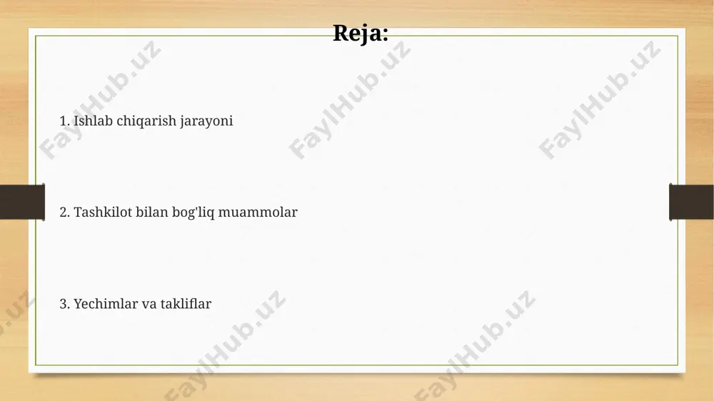 jalashtirilgan daromadning sezilarli darajada kamayishiga olib keladi. ishlab chiqarish jarayonini tashkil etishning asosiy bosqichlari ishlab chiqarish jarayonini loyihalashning 3 bosqichi mavjud: rejalashtirish (1-bosqich), tashkil etish (2-bosqich) va nazorat (3-bosqich), bu jarayonning samaradorligini ta'minlash uchun muhimdir. ishlab chiqarish jarayonini tashkil etishda, 2 ta asosiy yo'nalish: ketma-ket va parallel jarayonlarni tanlash sifat va vaqt parametrlariga ta'sir qiladi. resurslarni (xom ashyo, ishchi kuchi, texnologiya) optimal taqsimlash va ularning o'zaro ta'sirini hisobga olgan holda, 5 ta asosiy ish jarayonini aniqlash ishlab chiqarish samaradorligini oshiradi. ishlab chiqarish jarayonini optimallashtirish usullari "just-in-time" (jit) tizimi xomashyo va materiallar yetkazib berishni rejalashtirish orqali inventarizatsiya xarajatlarini 15% gacha kamaytiradi. lean manufacturing printsiplarini qo'llash orqali, ishlab chiqarish sikli vaqtini 30% ga qisqartirish va sifatni yaxshilash mumkin. ishlab chiqarish jarayonini optimallashtirishda 5s (saralash, saralamoq, tozalash, tozalikni saqlash, standartlashtirish) metodikasi samaradorlikni 20-30% ga oshirishi mumkin. muammolarni hal qilish va oldini olish strategiyasi ishchi kuchining malakasini oshirish va ta'lim dasturlarini amalga oshirish orqali, …
