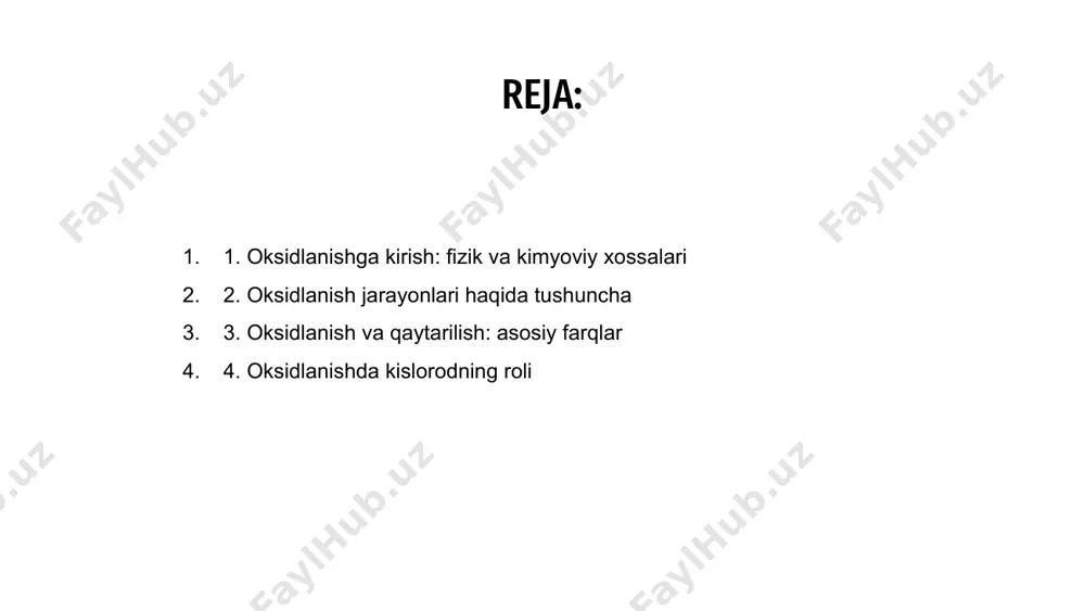 chiga oladi, bu oksidlanish darajasining oshishiga olib keladi, pasayish esa elektronlarning ko'payishi va oksidlanish darajasining pasayishi. 01 oksidlanish va qaytarilish o'rtasidagi asosiy farq ularning atomlar va molekulalarga ta'siridir. oksidlanishda atomlar elektronlarini yo'qotib, ko'proq musbat zaryadlanadi, qaytarilishda esa atomlar elektron oladi va manfiy zaryadlanadi. 03 yana bir muhim farq, ularning reaktsiyalardagi roli. oksidlanish odatda kislorod qo'shilishi yoki vodorod yo'qolishini o'z ichiga oladi, qaytarilish esa vodorod qo'shilishi yoki kislorod yo'qolishini o'z ichiga oladi. bu farqlarni tushunish kimyoda muhim ahamiyatga ega. 02 4. oksidlanishda kislorodning roli kislorod oksidlovchi vosita bo'lib, oksidlanish reaktsiyalarida hal qiluvchi rol o'ynaydi. jarayon davomida boshqa moddalardan elektronlarni qabul qiladi. oksidlanishning fizik xossalariga yangi birikmalar hosil boʻlishi, issiqlik va yorugʻlikning ajralib chiqishi, rangi va tuzilishining oʻzgarishi kiradi. oksidlanishning kimyoviy xossalari kimyoviy bog'lanishlarning uzilishi, atomlarning qayta joylashishi va barqarorroq birikmalar hosil bo'lishini o'z ichiga oladi. oksidlanishdagi kimyoviy reaktsiyalarda moddalar kislorodga ega bo'ladigan yoki elektronlarni yo'qotadigan jarayonni boshdan kechiradi. bu turli xil …