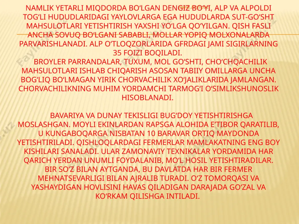 mda germaniya taraqqiyot banki bilan hamkorlikda ona va bola salomatligini muhofaza qilish, kichik biznes va xususiy tadbirkorlikni rag‘batlantirish hamda mamlakatning chekka hududlarini iqtisodiy rivojlantirishga qaratilgan qator loyihalar amalga oshirilmoqda. shu bilan birga o‘zbekistonda fermerlar uchun yaratilgan qulay iqtisodiy shart-sharoitlarda mehnat qilayotgan o‘zbekistonlik agrar soha vakillari germaniyalik sheriklar bilan o‘zaro manfaatli hamkorlikni yo‘lga qo‘yishdan hamisha manfaatdordir. www.arxiv.uz image3.jpeg image4.jpeg image5.jpeg image6.jpeg image7.jpeg image8.jpeg image9.jpeg image10.jpeg image11.jpeg