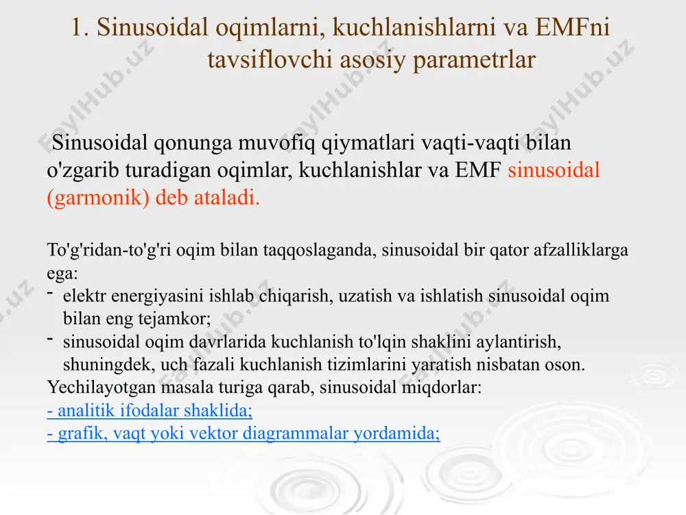 element magnit maydon hosil qiladi. l - induktivlik, h (genri) agar oqim sinusoidal bo'lsa i = i m sin ŉ t , keyin u = u lm sin ( ō t+ p /2) u lm = ō li m x l qiymati = ō l - induktiv qarshilik, ohm. fazadagi induktiv elementdagi kuchlanish oqimni ph \u003d p / 2 burchak ostida boshqaradi . образец текста второй уровень третий уровень четвертый уровень пятый уровень ushbu quvvatning davr uchun o'rtacha qiymati, bular. faol quvvat sarfi nolga teng. davrning 1 va 3 choraklarida manbaning kuchi induktivlikning magnit maydonida to'planadi, va 2 va 4-da - manbaga qaytadi. quvvat iste'mol qilinmaydi, lekin manba va induktor o'rtasida o'zgarib turadi, manba va simlarni yuklaydi. reaktiv quvvat deb ataladi . tezkor quvvat quvvat ikki chastota bilan sinusoidal ravishda o'zgaradi kapasitiv elementli sxema kapasitiv element elektr maydonini hosil qiladi. c - element sig'imi, f (farad) om qonunining matematik ifodasi …