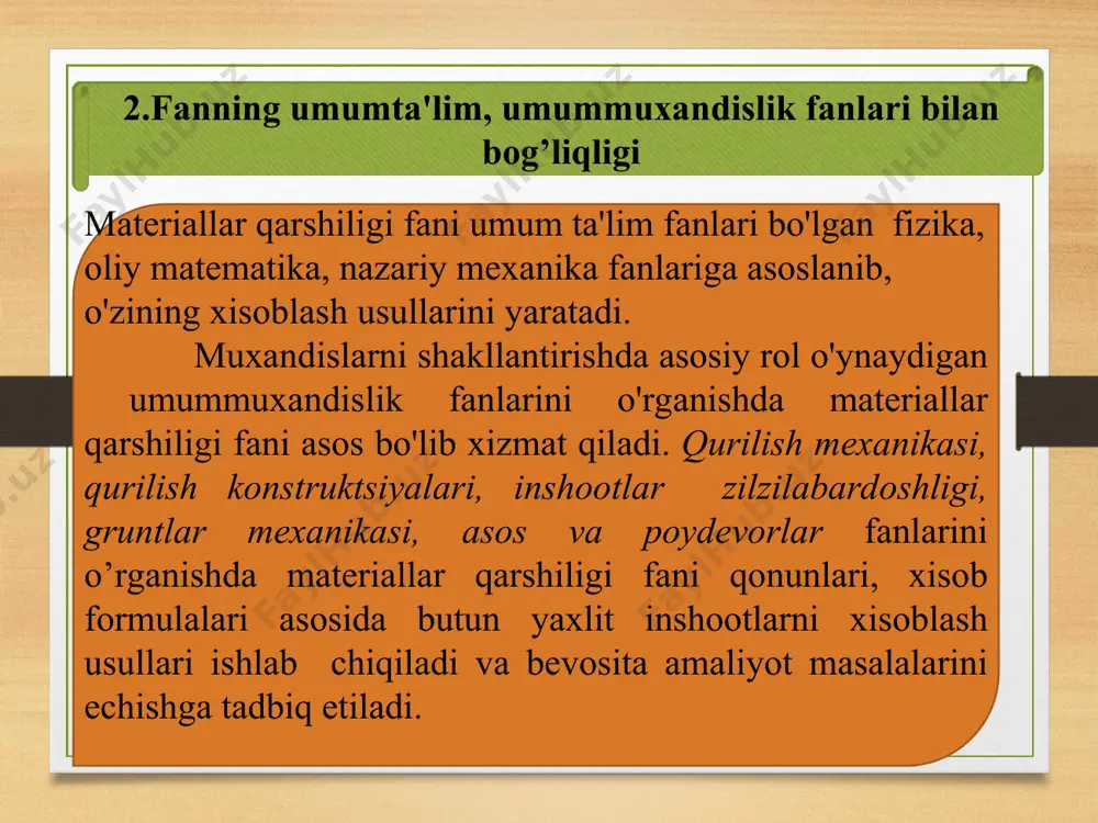 erjenlarni sharnirlar vositasida tutashtirishdan tuzilgan geometrik o`zgarmaydigan sistemaga aytiladi. rama – bir qancha bruslarni bikr qilib tutashtirishdan hosil bo`lgan sistemaga aytiladi. kuch ta'sirida balka egiladi, kuch qo`yilgan nuqta ham vertikal, ham gorizontal bo`yicha ko`chadi. qo`yilgan tayanchdagi moment quyidagiga teng bo`ladi: m = p(l-u) rasm ko`chish balka uzunligi ga nisbatan kichik bo`lganligidan uni nazarga olmasdan momentni quyidagi formula bo`yicha hisoblasa ham bo`ladi: m= p nisbatdagi faraz quyidagidan iborat: ta'sir qilayotgan kuch ma'lum miqdordan oshmasa jism chiziqli deformasiyalanadi. ustivorlik – tashqi kuch tasirida deformasiyalangan konstruksiya qismlarining ozgina bo`lsa ham muvozanatining buzilishiga qarshilik ko`rsatuvchi xususiyatdir. materiallar qarshiligi mashina va inshootlar qismlarining mustahkam, bikr va ustivor bo`lishini hisoblashda zarur bo`lgan zuriqish va deformatsiyalarni aniqlash usullarini o`rganuvchi fandir. «materiallar qarshiligi»ga asos solgan olimlardan biri mashhur italyan olimi leonardo da vinchidir, lekin uning fikri va o`tkazgan tajribalari qo`lyozmalari saqlanib qolmagan va materiallar mustahkamligi to`g`risidagi ilm keng tarqalmagan. mustahkamlik nazariyasini yaratish uchun birinchi marta xvii asrda italyan …