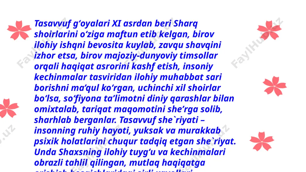 tashqariga chiqqanligi yozilgan. tasavvuf va badiiy ijod o'rtasidagi o'xshashlikni so'fiylar va ijodkorlarning ma'naviy yaqinligidan ham bilish mumkin. masalan, tasavvufda "yozish" tushunchasini olaylik. muqaddas bitik - bu sevgi, ilohiy jun. allohni bilishga bo'lgan muhabbat va unga etib borishdan lazzatlanish inson qalbida shunchalik kuchliki, u o'zini tutib turolmaydi. hamma narsani unutgan mahbub go'zallikka intildi. bu katta va muqaddas og'riqdir. darvishizm va she'riyatning xususiyatlarini, keng ma'noda tasavvuf va ijodni aynan shu og'riq - yozuv tushunchasi birlashtiradi. ya'ni, darveshning iste'dodi, g'ayritabiiy xarakterga ega bo'lishi shoirlarga ham xosdir. tasavvuf — musulmon olamida (mamlakatlarida) keng tarqalgan, butun dunyoda mashhur boʻlgan islom diniga asoslanuvchi buyuk ta’limot. tasavvuf orqali insoniyat islom dinining ichki va tashqi goʻzalligini, uning buyuk insonparvarlik mohiyatini anglab yetdi tasavvufning maqsadi insonni ruhiy, ma’naviy jihatdan poklash, ya’ni komil insonni tarbiyalashdir. qalb pokligiga erishgan, yuksak ma’naviyatli, aqlan va jismonan barkamol shaxs komil insondir. e'tiboringiz uchun rahmat! image1.png image2.jpeg image3.jpeg image4.jpeg image5.jpeg image6.gif
