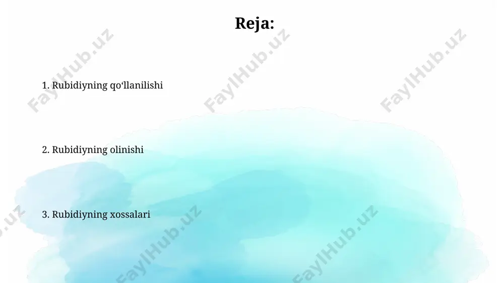 ing biologik roli to'liq aniqlanmagan bo'lsa-da, ba'zi tadqiqotlar shuni ko'rsatadiki, u o'simliklarda, ayniqsa, fotosintez jarayonida muhim rol o'ynaydi va uning miqdori 10-100 ppm oralig'ida bo'lishi mumkin. rubidiyning kashf etilishi rubidiyning kashf etilishi davri kimyoviy elementlarni aniqlash usullarida yangi davrni, xususan spektral tahlilni qo'llashni boshlanishini belgilab berdi va elementlarning davriy jadvalini yanada boyitdi. rubidiy 1861-yilda robert bunsen va gustav kirchhoff tomonidan spektral tahlil yordamida, mineral suvlarning spektrida yangi, qizil chiziqlar aniqlangandan so'ng kashf etilgan. rubidiyning kimyoviy xossalari rubidiyning standart elektrod potentsiali -2.98 v ni tashkil qiladi, bu uning kuchli qaytaruvchi xususiyatiga ega ekanligini koʻrsatadi va ko'pgina kimyoviy reaksiyalarda elektronlarni osonlikcha beradi. rubidiyning bir nechta oksidlanish darajalari mavjud bo'lib, masalan, +1 oksidlanish darajasida rb₂o va rb₂o₂ kabi birikmalar hosil qiladi, shuningdek, rbo₂ kabi yuqori oksidlarni ham hosil qilishi mumkin. rubidiyni tozalash usullari rubidiyni tozalashda ion almashinuvi xromatografiyasi yuqori samaradorlikka ega boʻlib, 99,9% dan yuqori tozalik darajasiga erishish mumkin, bu jarayon 1-3 soat …