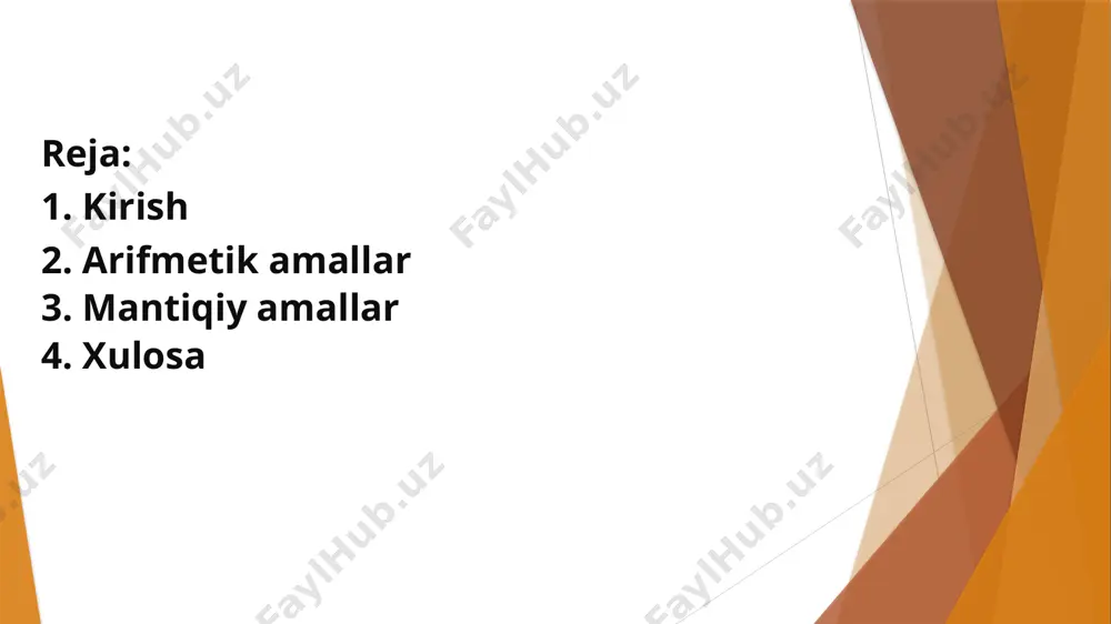 adi. masalan, foydalanuvchining paroli to'g'ri ekanligini tekshirishda yoki muayyan shartlarga asoslangan funktsiyalarni bajarishda ishlatiladi. arifmetik va mantiqiy amallarning o'zaro aloqasi: python dasturlash tilida arifmetik va mantiqiy amallarni birgalikda ishlatish mumkin. masalan, biror shartni tekshirishda arifmetik amallar yordamida qiymatlarni hisoblash va keyin mantiqiy amallar yordamida ularni baholash mumkin. bu dastur tuzishda samaradorlikni oshiradi va murakkab shartlarni tekshirishni osonlashtiradi. amallarni ishlatishning ahamiyati: arifmetik va mantiqiy amallarni to'g'ri ishlatish dasturchilarga quyidagi imkoniyatlarni beradi: hisob-kitoblarni tez va samarali bajarish. shartli tekshiruvlar yordamida dasturning oqimini boshqarish. murakkab hisoblashlarni soddalashtirish va muammolarni yechish. qarorlar qabul qilishda yordam beradigan algoritmlar yaratish. shu sababli, bu amallarni o'rganish va ularni dasturda samarali ishlatish har bir dasturchi uchun muhimdir. python dasturlash tilida arifmetik va mantiqiy amallarni bilish, dastur tuzishda tezlikni va aniqlikni oshiradi. xulosa: arifmetik amallar python dasturlash tilida sonli ma'lumotlar bilan ishlashda qo'llaniladi. bu amallar sonlar ustida bajariladigan asosiy hisob-kitoblar: qo'shish, ayirish, ko'paytirish, bo'lish va boshqalar. mantiqiy amallar esa …