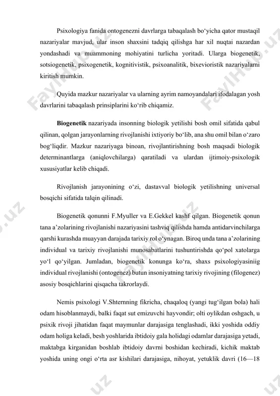 ladi, besh yoshlarida ibtidoiy gala holidagi odamlar darajasiga yetadi, maktabga kirganidan boshlab ibtidoiy davrni boshidan kechiradi, kichik maktab yoshida uning ongi o‘rta asr kishilari darajasiga, nihoyat, yetuklik davri (16—18 yoshlari)dagina hozirgi zamon kishilarining madaniy darajasiga erishadi. s.xoll “rekapitulyatsiya qonuni”ni (filogenezni qisqacha takrorlashni) psixologik o‘sishning bosh qonuni deb hisoblaydi. uning fikricha, ontogenez filogenezning muhim bosqichlarini takrorlaydi. olimning talqinicha, go‘daklik hayvonlarga xos rivojlanish pallasidan boshqa narsa emas. bolalak esa asosiy mashg‘uloti ovchilik va baliqchilik bo‘lgan qadimgi kishilarning davriga aynan mos keladi. 8—12 yoshlardagi o‘sish davri yovvoyilikning oxiri va sivilizatsiyaning boshlanishidagi kamolotga tengdir. o‘spirinlik esa jinsiy yetilishdan (12—13 yoshdan) boshlanib yetuklik davrigacha (22—25 yoshgacha) davom etib, romantizmga barobardir. s.xollning talqinicha, bu davrlar “bo‘ron va tazyiqlar”, ichki va tashqi nizolar (ziddiyatlar)dan iborat bo‘lib, odamda “individuallik tuyg‘usi” vujudga keladi. yosh davrlarini tabaqalashning bu turi o‘z navbatida tanqidiy mulohazalar manbai vazifasini o‘taydi, chunki inson zotidagi rivojlanish bosqichlari filogenezni aynan takrorlamaydi va takrorlashi ham mumkin emas. biogenetik …