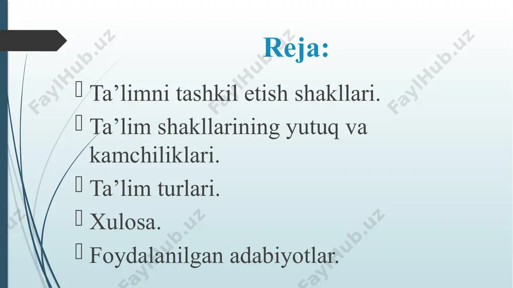 dan kelib chiqqan holda dars jarayoni tashkillashtiriladi. dars jarayoni uchun ajratilgan unumli foydalaniladi. yakkama – yakka dars o’tish jarayonida, o’quvchining qaysi mavzularda oqsayotgani va qaysi sohada muvaffaqiyatga erishayotganini nazoratga erishayotganini bemalol kuzatish mumkin. ammo ushbu ta’lim shaklining ham o’ziga yarasha kamchiliklari mavjud. masalan, o’quvchi individual ta’lim shaklida tez zerikib yoki charchab qolishi , omma oldida o’z nutqini erkin ifoda etolmaydigan, raqobat va musobaqa ruhida tarbiyalanmagan bo’lib qolishi mumkin. barchaga ma’lumki, har bir o’quvchi o’zidan yaxshi o’zlashtiruvchi o’quvchi bor bo’lsagina o’sha o’quvchiga havas qilib yoki undan o’zib ketish maqsadida ham jon-jahdi bilan o’qiydi. sinf-dars ta’lim shakli ham bir qancha ijobiy tomonlarni o’zida qamrab oladi. birinchidan, ushbu ta’lim shakli guruh bo’lib dars o’tishga mo’ljallangan. shunga ko’ra dars jarayoni musobaqa tarzida amalga oshiriladi. yuqorida aytib o’tganimizdek, o’quvchi o’zidan yaxshi o’zlashtirayotgan o’quvchidan o’zib ketish maqsadida ham o’qiydi. raqobat bor yerda rivojlanish bo’ladi. bundan tashqari, dars jarayoni ham qiziqarli bo’ladi. o’quvchilar jamoa oldida fikrini ifodalashga …