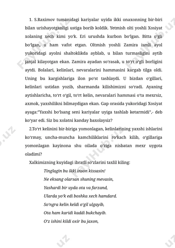 tani ko‘yib. bu ishdan padari kax-kaxlab kuldi, farzand bu xolatdan xayratda koldi. “tashlab ketmokdaman bugun seni men, nega yiglamasdan kulding bunda sen?” ota so‘z boshladi o‘gilga karab, daraxt ostidagi suyakni silab. “otamni shu daraxt ostiga o‘zim, tashlab ketgan edim seningdek, o‘glim. bok, bosh suyagi kulmokda menga, go‘yo men kulgandek, ushbu dam senga”, bugapni eshitgach, o‘gil dod solib, jo‘nadi otasin ko‘tarib olib. fojea shundaki, inson vagonlab kitob o‘kishi mumkin, ammo olgan bilimlari asosida o‘z ma’naviyatini, tafakkurini, ongini kamolotga yetkazmas ekan, u o‘kib, ukmasdan ma’naviy kashshok bo‘lib kolaveradi. olgan bilimlari va xayotiy saboklari yigindisi nazariyaligicha kolib ketaveradi. shuni unutmaslik kerakki, bemorni kasalini davolash, uning ruxiyatini va ma’naviy kamolotini shakllantirishdan ko‘ra osonrokdir. shu o‘rinda mirzo boburning kuyidagi bayti ayni o‘rinlidir: har kimki vafo kilsa, vafo topgusidir, har kimki jafo kilsa, jafo topgusidir. yaxshi kishi ko‘rmagay yomonlik hargiz, har kimki yomon bo‘lsa, jazo topgusidir. shunday ekan, har bir inson xayotdan olgan saboklarini va o‘kib …