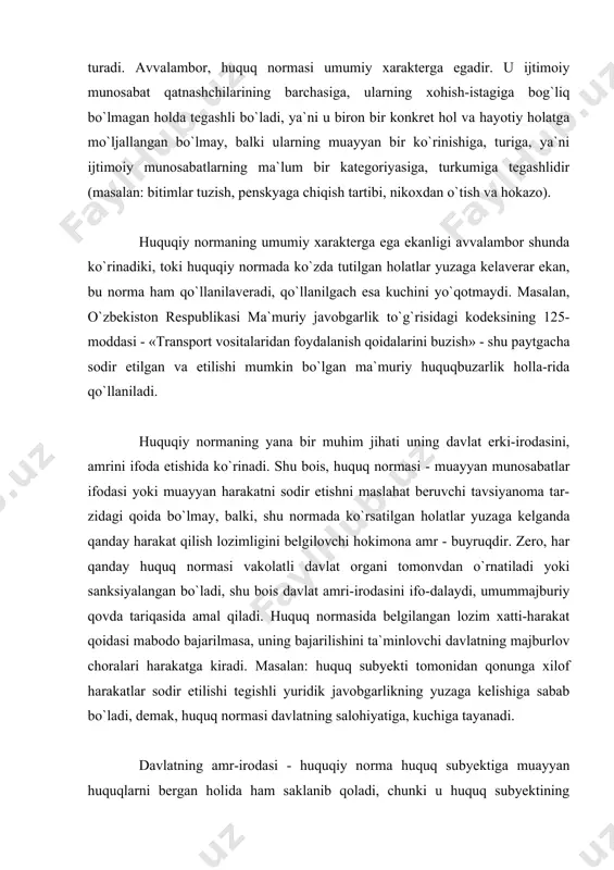 normasi mazmunan va ijtimoiy ahamiyati bois davlat amri irodasini o`zida ifodalaydi. uning bu jihati, o`z navbatida shakl masalasiga, ya`ni huquqiy normaning ifodalanish shakliga qat`iy talab qo`yadi. huquqiy norma qonunlarda, normativ aktlarda va boshqa rasmiy huquqiy hujjatlarda shaklan aniq qoidalar tarzida mustahkamlangan bo`ladi, zero, huquq normasini to`g`ri tushunish va o`rinli qo`llash uchun, u albatta puxta ishlangan, aniq va ixcham shakldagi qoida bo`lishi kerak. ijtimoiy munosabatlarni tartibga soluvchi normalar ichida huquq, aynan o`zining shu jihati bilan, ya`ni shaklan aniq qoida ekanligi bilan axloq normalaridan farq qiladi. shunday qilib, huquq normasi davlat tomonidan o`rnatilgan yoki sanksiyalangan, bajarilishi hamma uchun majburiy bo`lgan va aniq shakllangan xatti-harakat, yurish-turish qoidasidir. huquq normasi - davlat tomonidan o`rnatiladigan va ma`qullanadigan, muayyan shaklda ifodalanadigan, ijtimoiy munosabatlarni tartibga solishga qaratilgan umummajburiy yurish-turish qoidasidir. 2. huquq normasining tuzilishi huquq normasi o`z ichki tuzilishiga ega, ya`ni u tarkibiy qismlardan iborat bo`lib, ayni paytda ular o`zaro bir-biri bilan bog`liqdir. ta`kidlash lozimki, adabiyotlarda huquqiy …