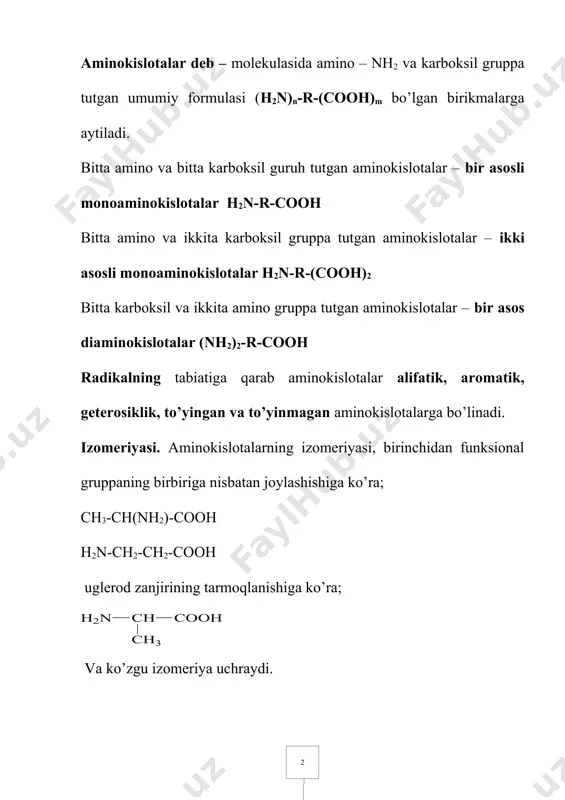 iga hosil bo’ladi). 4. dekarboksillash, dezaminlash, aminalmashtirish reaksiyalari faqat α-aminokislotalarga xos bo’lib, ular maxsus fermentlar tasirida, yumshoq sharoitda amalga oshadi. a) dekarboksillash reaksiyasi. bu reaksiya natijasida co2 ajralib chiqib aminlarga aylanadi. r-ch(nh2)-cooh → r-ch2-nh2 + co2 b) dezaminlash reaksiyasi. bunda ammiak ajralib chiqadi va fermentativ oksidlanish natijasida ketoksikislotalar hosil qiladi. d) aminalmashtirish reaksiyasi. 5. α-, β-, γ-aminokislotalarga temperatura tasiri; a) α-aminokislotalar qizdirilganda osonlik bilan suv ajralib chiqadi va diketopiperazinlar hosil qiladi. b) β-aminokislotalar qizdirilganda to’yinmagan karbon kislotalar hosil bo’ladi va ammiak ajralib chiqadi. с) γ-aminokislotalar bir molekula suv ajratib laktamlar – siklik amidlarni hosil qiladi. aminokislotalarning ayrim vakillari. glikokol grekcha likos shirin kolla yelim yoki glitsin deb ataluvchi aminosirka kislota nh2-ch2-cooh hayvonlarning muskullarida uchraydi. ipak oqsilini gidroliz qilib (36% gacha) olinadi. gippur kislotani gidrolizlab ham olish mumkin. c6h5conh-ch2cooh + h2o → c6h5cooh + nh2-ch2-cooh l(+)-alanin ch3-ch(nh2)-cooh α-aminopropion kislota yoki 2-aminopropan kislota. ipak fibrionini gidrolizlab olinadi. oqsil moddalar gidrolizlanganda ham kam …