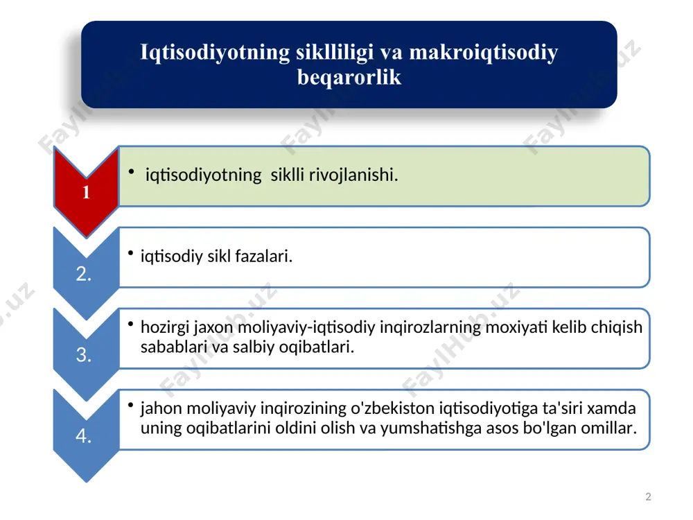 va turlari. iqtisodiy inqiroz bu ishlab chiqarish hajmining keskin tushib ketishidir. inqiroz sabablari takror ishlab chiqarishdagi beqarorlik ishlab chiqarish jarayonidagi nomutanosiblik ishlab chiqarish bilan iste'molning bir biriga mos kelmasligi talab va taklif o'rtasidagi muvozanatning buzilishi inqirozlar turlari xo'jalik tizimida muvozanatning buzilishi miqyosiga ko'ra umumiy inqiroz. iqtisodiyotdagi muvozanatning buzilishiga ko'ra davriy inqiroz oraliq inqiroz takror ishlab chiqarish nisbatlarining buzilishi tavsifiga ko'ra ortiqcha ishlab chiqarish inqirozi taqchil ishlab chiqarish inqirozi nomuntazam inqiroz ayrim sohalardagi inqiroz ayrim sohalardagi inqiroz pul-kredit sohasidagi inqiroz mamlakatda pul-kredit tizimining tang ahvolga tushishi bo'lib, bunda tijorat va bank krediti qisqaradi. valyuta inqirozi bunda milliy valyutaning obro'si tushib ketadi. bankda valyuta zahirasi tugab, milliy valyuta kursi tushib ketadi. birja inqirozi bu tanglik fond birjalari faoliyatidagi chuqur tushkunlikda ifodalanadi. ekologik inqiroz atrof-muhitni eng avvalo inson sog'lig'ini yo'qotish, umrini qisqartirishga olib keladigan darajada vaziyatni vujudga kelishida ifodalanadi. tarmoqlar inqirozi bu ma'lum bir tarmoqni qamrab, ishlab chiqarishning tarkibiy o'zgarishi yoki normal xo'jalik …