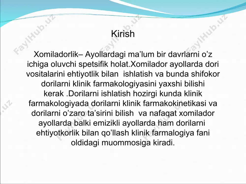 :antidepressantlar,trankvilizatorlar,protozoyga qarshi kimyoviy strukturaga ega dorilar(metranidazol),parkinsonizmga qarshi dorilar(l-dopa),jinsiy garmon (estrogenlar) xomilaga ta’sir etuvchi dorilarni xomilaga xavf darajasiga ko’ra olimlar 5ta kategoriyaga bo’lishgan a.kategoriya: bu guruh dorilari xomilaga xavfi yo’q dorilar (kaliy xlorid, temir preparati, polivitamin, triyodtironin) b.kategoriya: bu guruh maqsadga muvofiq ravishda ishlatiladi terotogen ta’siri tegishli dozalarda qo’llanilsa yuzaga chiqmaydi(insulin, aspirin, metronidazol) c.kategoriya bu guruh dorilar teratogen va embriotoksik ta’siri yuqori darajadagi dorilar: (gentamitsin,ftorxinolonlar, antidepressantlar) d.kategoriya: bu guruh dorilar xomila uchun o’ta yuqori xavfli dorilar (tetrasiklin,rifampitsin, izoniazid,kanamitsin,amikasin ) x.kategoriya: bu guruh dorilar umuman qo’llanilmaydigan dorilar terotagen dorilar (metotreksat,siklofosfamid,karbomazepin, stretomitsin) xomilador ayollarda dori vositalarni farmakokinetikasi peroral orqali kirilgan dorilar oshqozon harakati va shira ishlab chiqarish faoliyati sust bo’lishi natijasida suvda yomon eriydigan dorilar so’rilishi yomon bo’ladi,aksincha ichakda so’rilish past bo’lishi dorilarni ichakda uzoq turib so’rilishi natijasida ichakdan ko’p so’riladi.mushakka yuboriluvchi dorilar sust bo’lishi qon aylanishni kamayishiga sabab bo’ladi.xomiladorlikda aylanib yuruvchi qon hajmi ko’p bo’lishi buyraklarda filtratsiya va jigarda ferment faolligini yuqori …
