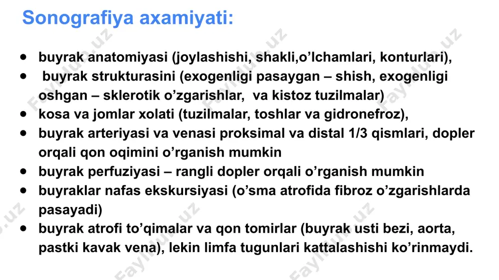 3:1). 60-70 yoshda. erta bosqichida klinik belgilar hosil qilmaydi sonografiya. giperexogen (50-60%) ayniqsa 3 sm kichik bo’lsa, izo va gipoexogen katta bo’lganda. buyrak kattalashgan, konturlari bo’rtgan, kalsifikasiya 15-20%, chetlari ko’proq aniq, nogomogen nekroz tufayli, 15% xolatlarda kistoz o’sma. - buyrak uttsi –chap buyrak parenximasida giperexogen struktura, e'tiboringiz uchun rahmat image1.jpeg image2.jpeg image3.png image4.jpeg image5.jpeg image6.jpeg image7.jpeg image8.jpeg image9.jpeg image10.jpeg image11.jpeg image12.jpeg image13.jpeg image14.jpeg