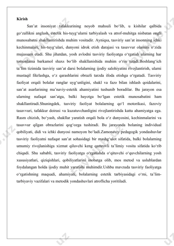 y muhit yaratishi muhimdir.ushbu mavzuda tasviriy faoliyatga o‘rgatishning maqsadi, ahamiyati, bolalarning estetik tarbiyasidagi o‘rni, ta’lim-tarbiyaviy vazifalari va metodik yondashuvlari atroflicha yoritiladi. tasviriy faoliyatga o‘rgatishning asosiy maqsadi tasviriy faoliyatga o‘rgatishning asosiy maqsadi bolalarning rivojlanishida muhim o‘rin tutadi va bu jarayon orqali ularning shaxsiyati shakllanishiga hissa qo‘shiladi. ushbu maqsadlar tizimi bolalarning yosh xususiyatlarini hisobga olgan holda ishlab chiqilgan bo‘lib, ularni estetik va ijodiy jihatdan rivojlantirishga qaratilgan. asosiy maqsadlar quyidagi yo‘nalishlarda ifodalanadi va har biri o‘ziga xos pedagogik va psixologik asoslarga ega. bu maqsadlar nafaqat bolalarning tasviriy ko‘nikmalarini oshirishga, balki ularning umumiy intellektual va emotsional rivojlanishiga ham xizmat qiladi. tasviriy faoliyat orqali bolalar o‘z fikrlarini ifodalashni o‘rganadilar, bu esa ularning ijtimoiy moslashuvini kuchaytiradi. bolalarda estetik did va tasviriy ifoda ko‘nikmalarini shakllantirish estetik didni shakllantirish tasviriy faoliyatning asosiy maqsadlaridan biri bo‘lib, bu jarayon bolalarning atrof-muhitdagi go‘zallikni idrok etish qobiliyatini rivojlantirishga qaratilgan. estetik did bolalarning hissiyotlarini boyitadi va ularni tabiat, san’at asarlari yoki kundalik ob’ektlarning …