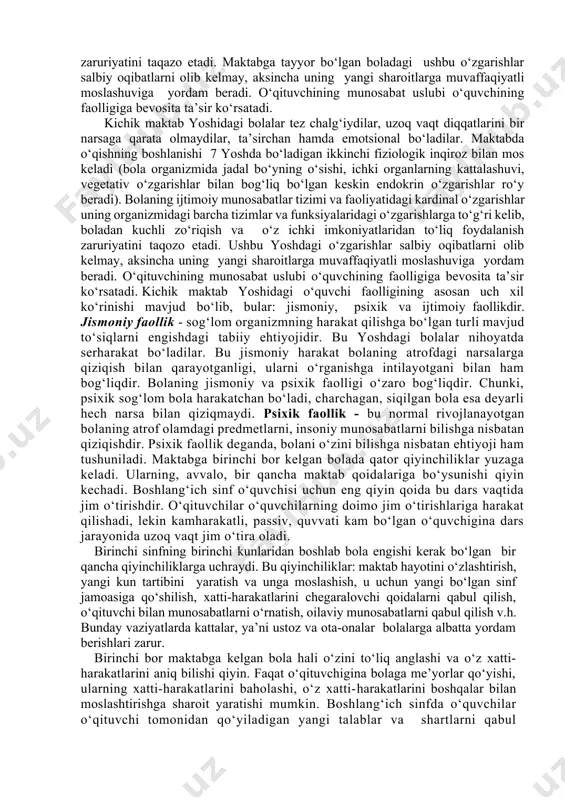 o‘lib, u 78 yoshli bolalarni qo‘rquv, agressivlik yoki giperaktivlik holatlariga olib keladi. bu bolani maktabda o‘qishga tayyorlash kerak emas degan fikr emas, lekin bolaning aqliy rivojlanishiga erta o‘qishni, sanashni, yozishni o‘rgatish bilangina erishib bo‘lmaydi. ma’lumki, rivojlanish qonuniyatiga ko‘ra, har qanday taraqqiyot ko‘rgazmali obrazlilikdan abstrakt mantiqiylikka qarab boradi. agar bola xali o‘qishga aqliy, ma’naviy-ruhiy jihatdan tayyor bo‘lmay turib, unga harf va raqamlarni yozish, o‘qish o‘rgatilsa psixik rivojlanishning teskari tomonga ketishiga sabab bo‘ladi. psixolog olimlarning fikricha, psixik va evolyusiya taraqqiyot qonunlari ham fizik qonunlardek buzilmas, hamda universaldir. yuqoridagi fikrlarni umumlashtirib aytish mumkinki, neyrofiziologik jihatdan ixtiyoriy diqqat va o‘qish uchun zarur bo‘lgan ko‘plab miyada kechadigan jarayonlar asosan 78 yoshda (aqliy yoshi o‘zib ketgan bolalarda olti yoshda ham) shakllanadi. ya’ni shu yoshda bola 45 minutlik aqliy mehnatga tayyor bo‘ladi. maktabda o‘qishning boshlanishi 7 yoshda bo‘ladigan uchinchi fiziologik krizis bilan mos keladi( bola organizmida jadal bo‘yning o‘sishi, ichki organlarning kattalashuvi, vegetativ o‘zgarishlar bilan bog‘liq bo‘lgan …
