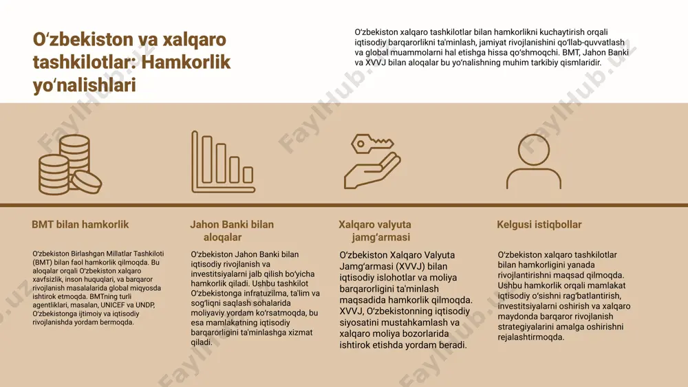 hamkorliklarini rivojlantirishni o‘z ichiga oladi. rivojlanishdagi imkoniyatlar xalqaro tashkilotlar orqali o‘zbekiston turli dasturlar va loyihalarda ishtirok etish orqali rivojlanish imkoniyatlarini topishi mumkin. ular moliyaviy resurslar, texnologik yordam va bilim almashinuvi kabi imkoniyatlarni taklif etadi. swot analizi kuchli tomonlar: - strategik geosiyosiy joylashuv - tabiiy resurslar zaif tomonlar: - iqtisodiy muammolar - siyosiy barqarorlik imkoniyatlar: - xalqaro hamkorlikni kengaytirish - investitsiyalar tahdidlar: - global iqtisodiy o‘zgarishlar - raqobat o‘zbekiston xalqaro tashkilotlar bilan hamkorlik imkoniyatlari o‘zbekiston xalqaro tashkilotlar bilan hamkorlikda iqtisodiy, ijtimoiy va ekologik sohalarda rivojlanish imkoniyatlarini oshirishi mumkin. o‘zbekiston global miqyosda o‘z o‘rnini mustahkamlashga intilmoqda. swot analizi kuchli va zaif tomonlarni, imkoniyatlar va tahdidlarni ko‘rsatadi. o‘zbekistonning xalqaro tashkilotlardagi faoliyati asosiy yo‘nalishlar o‘zbekiston xalqaro tashkilotlarda faoliyatini iqtisodiy, ijtimoiy va madaniy sohalarda olib boradi. jahon banki, bmt va boshqa tashkilotlar orqali o‘zbekistonning barqaror rivojlanishi va xalqaro maydonda o‘z o‘rnini mustahkamlashga qaratilgan bir qator dasturlar amalga oshirilmoqda. bu dasturlar doirasida, o‘zbekistonning ta'lim, sog‘liqni saqlash …