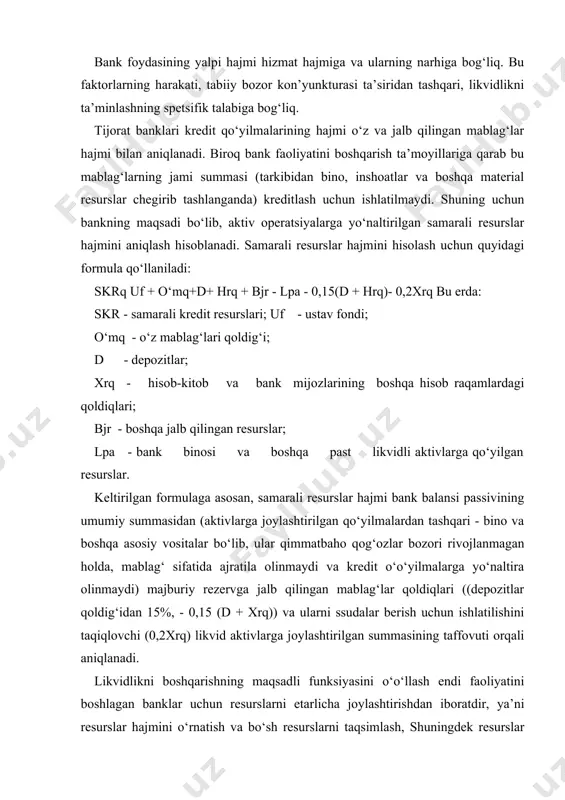 lgan summasining taffovuti orqali aniqlanadi. likvidlikni boshqarishning maqsadli funksiyasini o‘o‘llash endi faoliyatini boshlagan banklar uchun resurslarni etarlicha joylashtirishdan iboratdir, ya’ni resurslar hajmini o‘rnatish va bo‘sh resurslarni taqsimlash, shuningdek resurslar defitsitini qoplash manbasinining hajmini aniqlash uchun qo‘llaniladi. bo‘sh resurslar hajmi - (brx), shuningdek resurslar defitsiti -(rd) samarali kredit resurslar summasi va haqiqatdagi kredit qo‘yilmalarining (xkq) tafovuti orqali aniqlanadi: brx(rd) q skr – xkq bo‘sh resurslarni joylashtirish vaqt omilini inobatga olib amalga oshiriladi. buning uchun resurslarni kredit qo‘yilmalarning muddati bo‘yicha taqsimlash zarur. kredit resurslarini ishlatish muddati bo‘yicha taqsimlash, bank balansining passivlari strukturasini aks ettiradi. ko‘rsatuvchiga qaytariladigan resurslar, hisobkitob va boshqa mijozlar raqamlaridagi muddatsiz qoldiqlarni o‘z ichiga oladi. shartnomada ko‘rsatilgan muddatli depozitlar, resurslar ishlatilishining aniq davrini o‘rnatish mumkinligini ko‘rsatadi. muddatsiz resurslar gruppasini bankning o‘z mablag‘lari tashkil etadi. quyidagi jadval ma’lumotlari asosida tijorat banklarining iqtisodiy normativlarining koeffitsient metodi tahlili asosida ekspress-metodika koeffitsientlarini ko‘rib chiqamiz. koeffitsient metodi taxlili asosida ekspress-metodika. analitik koeffitsientlar. tqq - talab …