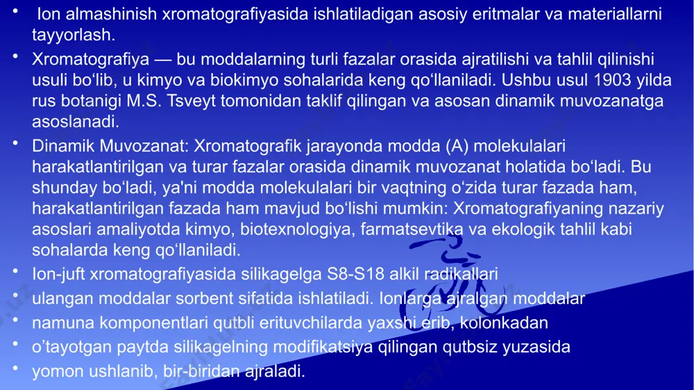 i aniqlanadi. natijalarni tahlil qilish ajralgan ionlarning miqdoriy natijalari asosida: ion konsentratsiyasi aniqlanadi (mol/l, mg/l, ppm va h.k.). reaksiya darajasi va reaksiya to‘liqligi baholanadi. tajribaviy xatoliklar va aniqlik darajasi ko‘rib chiqiladi. agar turli namunalar bo‘lsa, taqqoslash amalga oshiriladi. namuna: misol uchun, ca²⁺ ionini aniqlash: cho‘ktirma usulida ca²⁺ + c₂o₄²⁻ → cac₂o₄↓ reaksiya orqali cho‘kma olinadi. cho‘kma tortilib, quritilib massasi aniqlanadi. e’tiboringiz uchun rahmat /docprops/thumbnail.jpeg