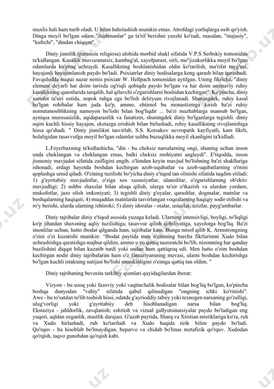 ti diniy aqidaparastlikning rivojlanishining psixologik asosidir. dinga fanatizm psixologik qaramlikning bir shakli sifatida qarash mumkin. axir, bunga aralashgan odam o'ziga tegishli emas, balki "yuqoridan" (masalan, mazhabning ruhiy rahbari) taqiqlangan aqidalarga muvofiq harakat qiladi. shu bilan birga, giyohvand boshqa hayotni tasavvur ham qila olmaydi. xo'sh, odamni aqldan ozgan din fanatiga aylantiradigan narsa nima? albatta, ko'p narsa odamning turiga bog'liq. psixologlar, ular aqidaparastlikka moyil, ular orasida dindor odamlar ham bor: tanqidiy fikrlashga ega emas, ular odatda hissiyotlar ta'siri ostida harakat qilishadi; osonlikcha taklif qilinadi va olib boriladi; boshqa odamlarning ta'siri ostida; o'zlarining dunyoqarashi va qiymat tizimini shakllantirmagan; "bo'sh" hayot kechirish va hech narsa bilan bog'liq emas. aynan shunday odamlar diniy aqidaparastlik tuzog'iga ilinib qolishadi. tayyor g'oyalar va qarashlar osongina dunyo haqidagi o'z g'oyalari bilan to'ldirilmagan ongga "singdiriladi", bu insonga o'z ahamiyatini his qilishiga, muhim jamoaning a'zosi bo'lishiga imkon beradi. mutaassibning haddan tashqari cheklangan tafakkuri bor va u o'zining diniy aqidalari bilan bog'liq …