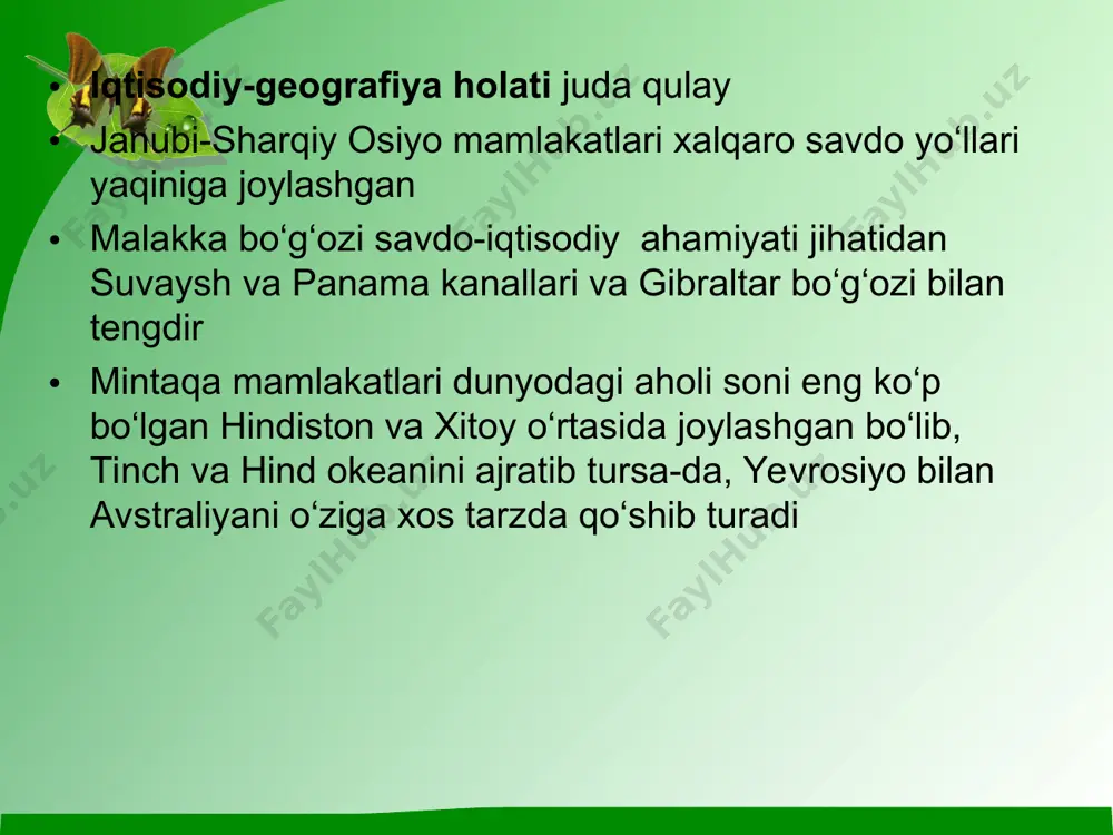 hi sanoat rivojlangan bo‘lib, murakkab ijtimoiy-iqtisodiy tarkibga ega edi xx asrning 70-yillaridan boshlab mintaqa iqtisodiyoti mamlakatlarida muhim tarkibiy o‘zgarishlar yuz bergan yaim tarkibida qishloq xo‘jaligi ulushining qisqarishi va bir vaqtning o‘zida zamonaviylashuvi, ishlov beruvchi sanoatning diversifikatsiyasi, yangi o‘ta zamonaviy tarmoqlarning yuzaga kelishi, imltalab va kapitaltalab ishlab chiqarishning doimiy va barqaror o‘sib borishi harakterli bo‘lib qoldi jumladan, keyingi .5 yilda yaim o‘rtacha o‘sish sur’atlari indoneziyada 6-7%, filippinda 885% va singapurda 7-8%ni tashkil qildi iqtisodiyot sektorlari, bo‘limlari o‘rtasidagi o‘zgarishlar murakka yuksak texnologiya va yuqori malakali ishchi kuchi talab qiluvchi sektorlar hissasining ortishi hisobiga yuz bermoqda xx asrning 70 – yillaridan boshlab esa mintaqa mamlakatlari (indoneziyada “yangi tartib”, filippinda “yangi jamiyat”, malayziyada “yangi iqtisodiy siyosat”) davlat dasturlari va rejalari, bandlik darajasini oshirish, aholi daromadlari o‘rtasidagi farqlarni kamaytirish, iqtisodiy siyosatdi aholi ishtirokini ta’minlashdan iborat sotsial yo‘nalish kuchaydi qishloq xo‘jaligi mintaqadagi mamlakatlarning barchasida subtropik va tropik dehqonchilik rivojlangan chorvachilik yem-xashak bazasining zaifligi tufayli taraqqiy etmagan …