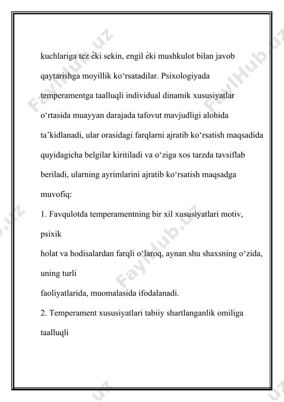 i bilan temperamentga aloqador nerv sistemasi xususiyatlarining o‘zaro qo‘shiluvini nerv sistemasining tipi deb nomlaydi va uni to‘rtta tipga ajratadi. ular quyidagilardan iborat. 1. kuchli, muvozanatli, epchil; 2. kuchli, muvozanatsiz, epchil; 3. kuchli, muvozanatli, sust; 4. kuchli, muvozanatsiz sust. yirik rus psixologlaridan biri b.m.teplov (1896 - 1965) va uning shogirdlari, maslakdoshlari i.p.pavlovning tadqiqotlarini davom ettirib, inson nerv jaraѐnlari xususiyatlarining o‘ziga xos tomonlarini ochishga muvaffaq bo‘ldilar. ular nerv-fiziologik jaraѐnlarning nozik hirralarini o‘rganishga maxsus moslamalar ѐrdami bilan o‘zgarishlarni qayd qilish hamda olingan natijalarni (omillarni) matematik statistika metodlari orqali hisoblashni tatbiq etdilar. shuningdek, b.m. teplov ilmiy maktabining namoѐndalari tomonidan ijobiy va tormozlovchi shartli reflekslarning osil bo‘lish tezligini tavsiflovchi individual xususiyatlar turkumi ham ta’riflab berilgandir. ushbu individual xususiyatlar mohiyatida ifodalanuvchi nerv sistemasining notanish xususiyati dinamiklik deb nomlangan ham tavsiflangan. bundan tashqari, ular shartli reflektor faoliyatining bir guruh individual xususiyatlari qo‘zg‘alish jaraѐni to‘xtalishining tezligi mahsuli sifatida taxmin qilingan xususiyatni (yangi xislatni) labillik deb atay boshlaganlar. shuning …