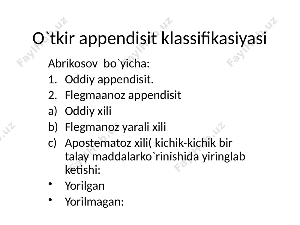 ko`rilgan paytda o`nh yonbosh soxasida og`riqlar zo`rayadi. qorin-kindik simptomi ( dumbadze)- kindikka bosib ko`rish appendisit tufayli boshlangan tarqoq peritonit yoki qovuzloqlar aro absesda kindik soxasida cheklangan og`riqqa sabab bo`ladi. yaure – rozanov – gabay simptomi-o`ng petit uchburchagi soxasiga bosib ko`rish og`riqqa sabab bo`ladi ( retrosekal appendisit uchun xarakterli). karimovning chov-yorg`oq simptomi-j`ng chov xalqasini tekshirib, chov kanalining orqa devori paypaslab ko`rilganda og`riq zo`rayadi. vaxmgeym-reder simptomi- to`g`ri ichak barmoq bilan tekshirib ko`rilganda o`ng yonbosh soxasida og`riq kuchayishi. bastedo simptomi- ichni tozalaydigan klizmadan keyin to`g`ri ichakka 10-15 sm ichkari kiritib rezina katetr solinadi va u orqali dam berib, xavo yuboriladi- ko`richakning kengayishi o`ng yonbosh soxasidagi og`riq paydo bo`lishiga sabab bo`ladi. payr simptomi-sfinkter sezuvchanligi kuchayib (giperesteziya), tenezimlar bo`lib turishi va zo`r kuchaniq bilan ich kelishi chanoqda joylashgan chuvalchangsimon o`simta yallig`lanishiga xarakterlidir. britten simptomi-xammadan ko`p jg`rib turgan joydan qorin devori paypaslab ko`rilganda o`ng moyak chov kanaliga qarab tortiladi. qorin devori old soxasi taranglashish simptomi-o`tkir appendisitda …