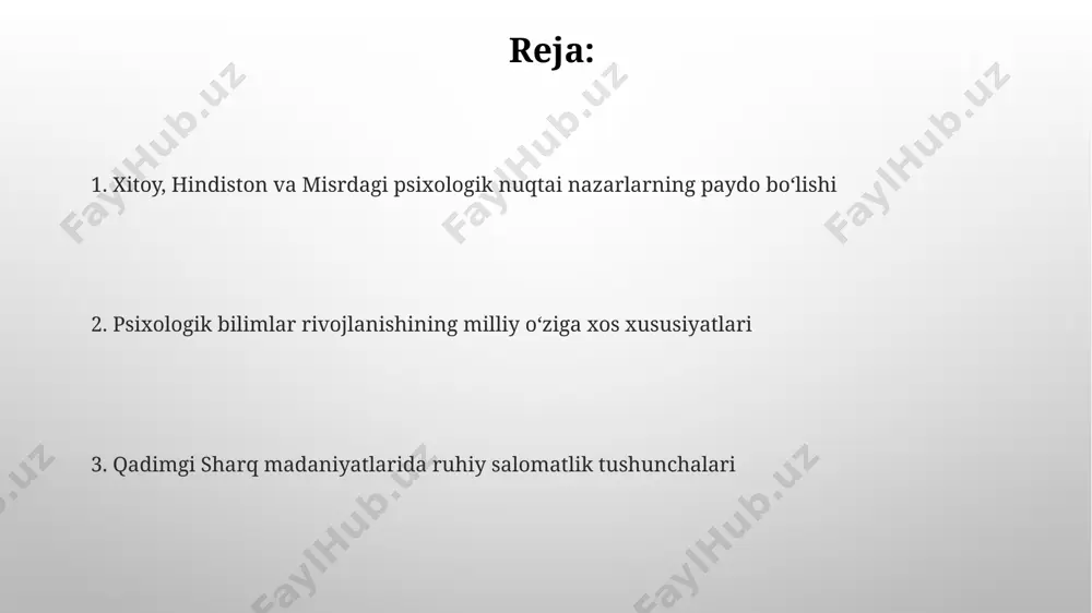 piyasi va neyropsixologiya kabi yo'nalishlar, 20-asrning oxirlaridan boshlab osiyo mamlakatlarida, shu jumladan, xitoy, hindiston va misrda keng tarqalmoqda. 1990-yillardan boshlab xitoy, hindiston va misrda psixologik yordamga bo'lgan talabning keskin o'sishi, 50% dan ortiq psixologik muammolar bilan kurashish uchun zamonaviy usullarning qo'llanilishini ko'rsatmoqda. qadimgi hindiston psixologiyasi qadimgi hindiston psixologiyasi vedalar va upanishadalarda ong holati, 3 ta gunaning (sattva, rajas, tamas) ta'siri va samxya falsafasining 25 ta tushunchasini o'z ichiga olgan ruhning tabiatini tahlil qilishni o'z ichiga oladi. buddist psixologiyasi, 8 yo'lli yo'l orqali azob-uqubatlardan xalos bo'lishga qaratilgan, ongning xususiyatlari, xususan, samsara (qayta tug'ilish) sikli va nirvana (ozodlik) tushunchalarini chuqur o'rganadi. madaniy kontekst xitoyda konfutsiylik va taoizm (miloddan avvalgi 6-asr) kabi falsafalar inson xulq-atvorini va ijtimoiy munosabatlarni tushunishga oid o'ziga xos tushunchalarni ishlab chiqqan bo'lib, bu 5 element nazariyasi bilan bog'liq edi. hindistondagi vedalar (miloddan avvalgi 1500-500 yillar) inson ongini va uning atrof-muhit bilan o'zaro munosabatlarini tushunishga oid 4ta asosiy maqsad (puruṣārtha)ni …
