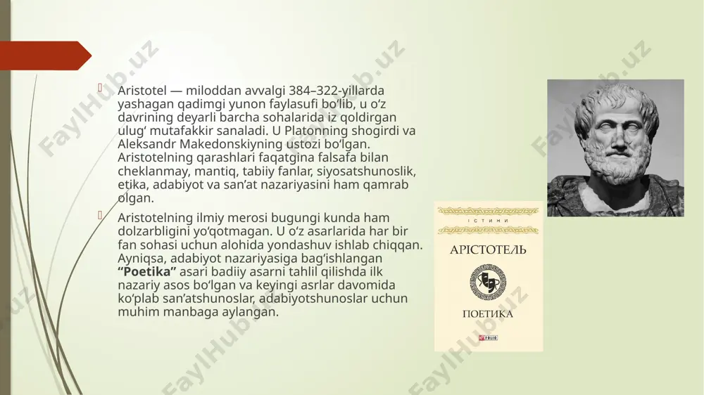 ega bo‘lgan biror harakatni sahna orqali ifodalash bo‘lib, u rahm-shafqat va qo‘rquv hissiyotlarini uyg‘otish orqali tomoshabinni ruhiy tozalanish (katharsis) holatiga olib keladi. uning asl ta’rifiga ko‘ra: “tragediya — bu o‘ziga xos hajmga ega, chiroyli va badiiy til orqali ifodalangan, alohida epizodlar (sahna) shaklida amalga oshirilgan, voqealar vositasida emas, balki sahnada ko‘rsatiladigan, rahm-shafqat va qo‘rquv uyg‘otish orqali ruhni poklaydigan harakatni taqlid qiluvchi san’atdir.” bu yerda aristotel taqlid (mimesis) tushunchasiga ham urg‘u beradi — ya’ni san’at hayotni bevosita emas, balki ma’lum badiiy shaklda, hayotiylikni saqlagan holda aks ettiradi. tragediyada asosiy maqsad — inson fojiasi orqali tomoshabinda ichki kechinmalar uyg‘otish va uni ruhiy jihatdan yengillatish, tozalashdir (katharsis). bu esa san’atning inson ruhiyatiga bo‘lgan chuqur ta’sirini ko‘rsatadi. aristotel nazarida so‘z san’ati (ya’ni badiiy ifoda, nutqning mahoratli ishlatilishi) san’atning asosiy va eng muhim jihatlaridan biridir. uning fikricha, har qanday tragediya yoki dramatik asar nafaqat voqealar zanjiriga, balki so‘zlarning ta’sirchan, mantiqli va badiiy ishlatilishiga ham bog‘liq. …