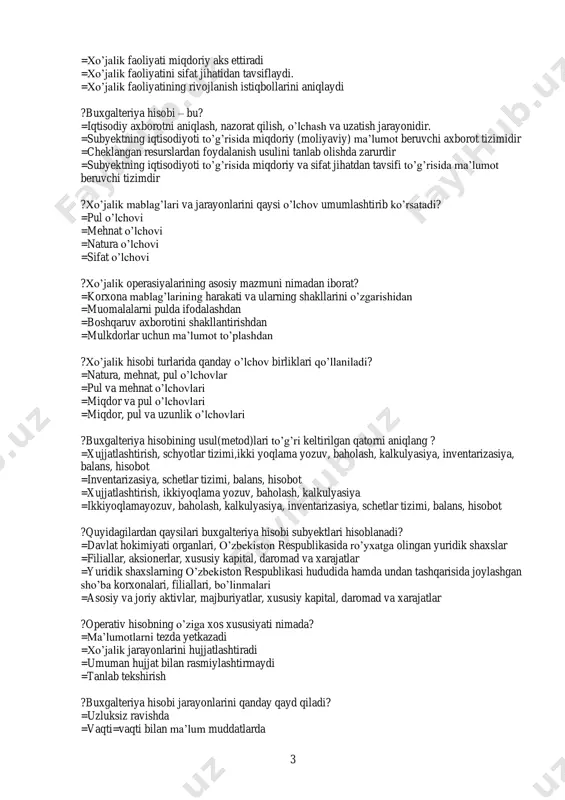 arini qaysi o’lchov umumlashtirib ko’rsatadi? =pul o’lchovi =mehnat o’lchovi =natura o’lchovi =sifat o’lchovi ?xo’jalik operasiyalarining asosiy mazmuni nimadan iborat? =korxona mablag’larining harakati va ularning shakllarini o’zgarishidan =muomalalarni pulda ifodalashdan =boshqaruv axborotini shakllantirishdan =mulkdorlar uchun ma’lumot to’plashdan ?xo’jalik hisobi turlarida qanday o’lchov birliklari qo’llaniladi? =natura, mehnat, pul o’lchovlar =pul va mehnat o’lchovlari =miqdor va pul o’lchovlari =miqdor, pul va uzunlik o’lchovlari ?buxgalteriya hisobining usul(metod)lari to’g’ri keltirilgan qatorni aniqlang ? =xujjatlashtirish, schyotlar tizimi,ikki yoqlama yozuv, baholash, kalkulyasiya, inventarizasiya, balans, hisobot =inventarizasiya, schetlar tizimi, balans, hisobot =xujjatlashtirish, ikkiyoqlama yozuv, baholash, kalkulyasiya =ikkiyoqlamayozuv, baholash, kalkulyasiya, inventarizasiya, schetlar tizimi, balans, hisobot ?quyidagilardan qaysilari buxgalteriya hisobi subyektlari hisoblanadi? =davlat hokimiyati organlari, o’zbekiston respublikasida ro’yxatga olingan yuridik shaxslar =filiallar, aksionerlar, xususiy kapital, daromad va xarajatlar =yuridik shaxslarning o’zbekiston respublikasi hududida hamda undan tashqarisida joylashgan sho’ba korxonalari, filiallari, bo’linmalari =asosiy va joriy aktivlar, majburiyatlar, xususiy kapital, daromad va xarajatlar ?operativ hisobning o’ziga xos xususiyati nimada? =ma’lumotlarni tezda yetkazadi …