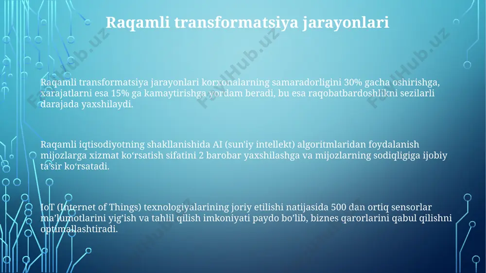 sun'iy intellektning jadal rivojlanishi (2020-yildan keyin yillik o'sish 20% dan yuqori) raqamli iqtisodiyotning tahlil va prognozlash qobiliyatini sezilarli darajada oshirdi. raqamli iqtisodiyotning barqaror rivojlanishi malakali it mutaxassislar sonini 5 yil ichida 2 barobarga oshirish orqali, yangi texnologiyalarni joriy etish va kiberxavfsizlikni mustahkamlash orqali, raqamli iqtisodiyotning turg'un rivojlanishiga erishish mumkin. yuqori tezlikdagi internetga kirish imkoniyatini 95% ga yetkazish orqali, raqamli savdo hajmini 2030 yilga borib 1,5 baravar oshirish va elektron hukumat xizmatlaridan foydalanuvchilar sonini 2 barobarga koʻpaytirish mumkin. raqamli iqtisodiyotning barqaror rivojlanishi uchun kichik va oʻrta biznesni (kob) raqamlashtirish darajasini 2025 yilga kelib kamida 70% ga oshirish maqsadga muvofiqdir, bu esa innovatsiyalar sonini 3 barobar koʻpaytirishi mumkin. e'tiboringiz uchun rahmat @taqdimot_robot image1.png image2.png image3.png image4.png image5.png