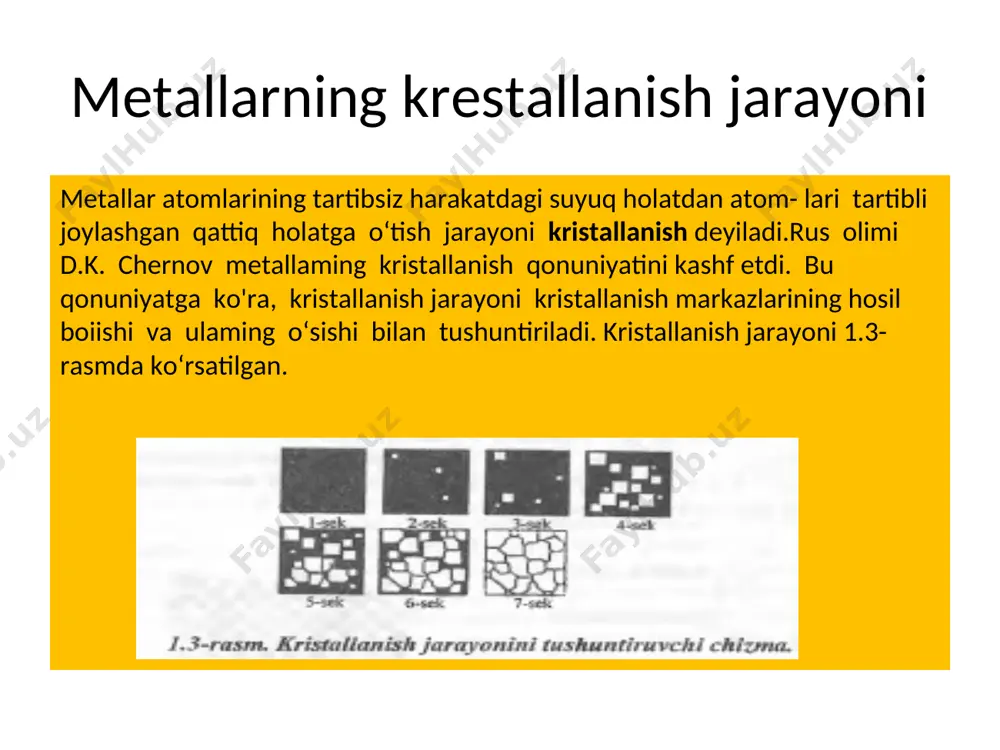 ladigan tekshirilayotgan namuna massasining o‘zgarishi bilan belgilanadi. u yoki bu buyumlami tayyorlashda metallaming kimyo­ viy xossalari albatta hisobga olinadi. bu ayniqsa, kimyoviy agressiv muhitlarda ishlatiladigan buyum va detallarga taalluqlidir. etboringiz uchun raxmat doim sog bo’ling uyga vazifa o’qib o’rganish assalomu alaykum hurmatli talabalar mavzu: metallarning korrozyasi reja: korroziya to‘g‘risida umumiy ma’lumot. korroziya turlari ,kimyoviy korroziya,va elektrokimyoviy korroziya. korroziyaning oldini olish usullari korroziya to‘g‘risida umumiy ma’lumot. metallar muhim konstruksion material bo‘lib, ular turli sharoitda (havoda, suvda, yer ostida) ishlatiladi. metallar ishlatiladigan sharoitlarda ularni yemiruvchi ko‘p moddalar bo‘ladi. bunday sharoitda metallar qisman yoki butunlay yemirilishi yoki korroziyalanishi mumkin. metallarning korroziya- lanishidagi isrofi yiliga bir necha million tonnani tashkil etadi.bu esa xalq xo‘jaligiga katta zarardir. shuning uchun korroziyaga qarshi kurash davlat ahamiyatiga ega bo‘lgan masala hisoblanadi.metallarning tashqi muhit bilan fizik-kimyoviy o‘zaro ta’siri oqibatida yemirilishi metallar korroziyasi deb ataladi.metallar korroziyalanganda ularning fizikaviy va mexani- kaviy xossalari susayib ketadi. korroziya turlari ,kimyoviy korroziya,va elektrokimyoviy korroziya. …