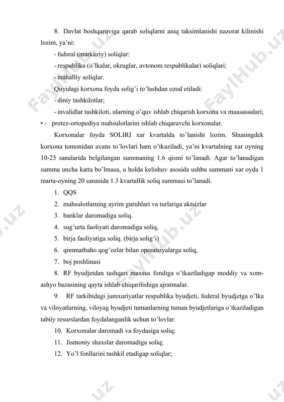 soliq; 13. gerb yig’imi 14.davlat poshlinasi 15.vorislik va sovg’a tariqasida o’tadigan mol-mulkka soliq, 16. «rossiya», «rossiya federatsiya» va shu so’zlar asosida go’zilgap iboralarni ishlatish uchun yig’im. rossiya federatsiyasi tarkibidagi o’lkalar, viloyatlar, avtonom okruglar. rossiyadagi mahalliy soliqlarga quyidagilar kiradi: 1. jismoniy shaxslar mol-mulkiga soliq 2. er soliri 3. tadbirkorlik faoliyati bilan shug’ullanuvchi jismoniy shaxslarini ro’yhatga olish yirimi 4. kurort zonalarida ishlab chiqarish ob’ektlarini qurishga soliq; 5. kurort yirimi 6. savdo huquqi uchuy yirim 7. militsiya, xududni obodonlashtirish, ta’lim extiyojlari va boshka maqsadlar uchun fuqarolar, korxona, tashkilot, muassasalardan yig’imlar reklama soliri 8. hisoblash texnikasi, kompyuter, avtomobillarni olib sotishga soliq 10. it egalaridan yig’imlar 11. aroq vino mahsulotlari bilap savdo kilish huquqi litsenziya yirimi 12. mahalliy auktsionlarni o’tkazish va lotereyalar o’yinlarini o’tkazish huquq uchun litsenziya yig’imi 13.uy-joy kvartirasi orderini berishga yirimi 14. avtotransportni tuxtash joyi uchun yirim 15. maxalliy timsollardan foydalanishga huquq uchun yirimi 16. otchoparda katnashish uchun yirim 17. otchoparda yutuq uchun …