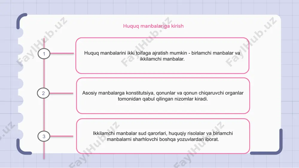 h va huquqiy tamoyillarni o'rnatish uchun pretsedentlarga yoki oldingi sud qarorlariga tayanadi. xalqaro huquq manbalari xalqaro huquq manbalariga shartnomalar, xalqaro odat huquqi, tsivilizatsiyalashgan davlatlar tomonidan tan olingan huquqning umumiy tamoyillari, xalqaro sudlarning qarorlari kiradi. shartnomalar - bu ikki yoki undan ortiq davlat o'rtasidagi kelishuvlar bo'lib, ular ikkala tomon ham bajarishi kerak bo'lgan majburiyatlarni belgilaydi. xalqaro odat huquqi xalqlar tomonidan majburiy deb qabul qilingan uzoq yillik amaliyot va an’analardan iborat. 1 2 3 huquqning odatiy manbalari huquqning odat manbalari uzoq vaqt davomida amal qilib kelayotgan an’anaviy urf-odatlar va amaliyotlardan kelib chiqqan. bu odatlar muayyan jamiyat yoki jamoa tomonidan kuzatiladi va hurmat qilinadi. ular hech qanday huquqiy kodeksda yoki nizomda rasmiy ravishda yozilmagan, lekin jamiyat ichidagi shaxslar tomonidan tushuniladi va qo'llaniladi. huquqning odat manbalari ko'pincha avloddan-avlodga o'tib boradi va jamiyat normalari va xatti-harakatlarini tartibga solishda muhim rol o'ynaydi. huquqning odatiy manbalariga misol qilib, muayyan madaniyat yoki jamoaga xos bo'lgan qabila urf-odatlari, diniy …