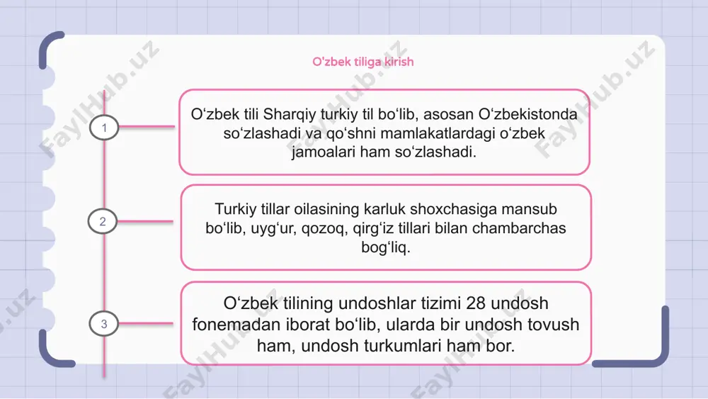 ham jarangli, ham jarangsiz turlanishga ega bo‘lsa, “k” undoshi so‘zdagi o‘rniga qarab har xil talaffuz qilinadi. o‘zbek tilidagi umumiy undoshlar turkumlari o‘zbek tilida ikki yoki undan ortiq undosh tovushlarning so‘z tarkibida birga kelgan birikmasi bo‘lgan turli undosh turkumlari mavjud. ushbu klasterlar tilni talaffuz qilish va tushunishda muhim rol o'ynaydi. o‘zbek tilidagi ba’zi umumiy undosh turkumlarga “ng”, “sh”, “ch”, “kh”, “gh” kiradi. bu klasterlar so‘zning boshida, o‘rtasida yoki oxirida bo‘lishi mumkin va har birining o‘ziga xos tovushi bor. o‘zbek tilidagi undosh tovushlar ba’zan ona tili bo‘lmaganlar uchun to‘g‘ri talaffuz qilishda qiyinchilik tug‘diradi. biroq, amaliyot va tanishish bilan ushbu klasterlarni o'zlashtirish va tilda umumiy ravonlikni yaxshilash osonroq bo'ladi. e'tiboringiz uchun rahmat