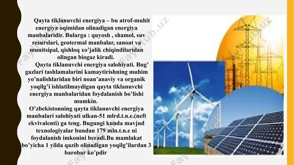 i yetkazib bermoqda. birlamchi yoqilg’i-energetika resurslarini iste’mol qilishda ko’mirning ulushi 2,3 %, suv energetikasining ulushi esa 0,7% ga to’g’ri keladi. yoqilg’i energetika kompleksining bunday bir yoqlama rivojlanishi iqtisodiyotning yanada rivojlanishini energiya bilan taminlash qanchalik ishonchliligini, «barqaror rivojlanish» tamoyillariga mosligini va umuman yoqilg’i energetika sektori faoliyatida yuzaga keladigan ekologik zarar xavfini tahlil qilib chiqishni talab etadi. - ko’mir, neft va tabiiy gaz bo’yicha o’rganilgan zaxiralar hajmlari keltirilmoqda. - iqtisodiy jihatdan samarali gidroenergiya imkoniyatlari keltirilgan. - mires bahosi bo’yicha qazish xarajatlari 130 doll/kg bo’lgan o’rganilgan uran zaxiralari keltirilgan. yevropa mamlakatlarida o’rnatilgan quyosh fotoelektrik stansiyalarining umumiy quvvati 2002-yil bor yo’g’i 392 mvt bo’lgan bo’lsa, 2004-yil boshlarida 560 mvt ga etdi, ya’ni yillik o’sish 43% ga yaqin bo’ldi. fotoelektr elementlarini ishlab chiqarish butun dunyoda 2004-yilda 1200 mvt dan 2005 yilda 1727 mvt ga etdi, ya’ni o’sish 40% dan oshib ketdi. yaponiya 2005 yilda 833 mvt (bunda o’sish 38%), yevropa 452 mvt quyosh fotoelektr elementlarini …