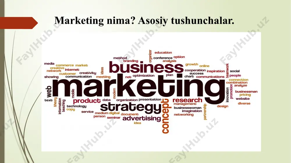 rsatishlar harakati va sotishni, ayrim shaxslar va tashkilotlarni maqsadlari ayirboshlash yordamida qondiriladi». marketing asosida bozorni har taraflama o'rganish yo'nalishlarining asosiylaridan quyidagilarni ko'rsatib o'tish zarur: • talabni o'rganish; • bozor tarkibini aniqlash; • tovarni o'rganish; • raqobat sharoitlarini tadqiq qilish; • sotish shakli va uslublarini tahlil etish. marketing quyidagilarni o'rgatadi: • bozorni o'rganishni; • uni taqsimlashni; • tovarini joylashtirishni; • marketing siyosatini olib borishni; • tovar siyosatini; • narx siyosatini; • taqsimot siyosatini; • siljitish (yo'naltirish) siyosatini; • yuksalish, qo'shimcha xizmatlarini (plus) - (bunga marka, sotishdan keyingi xizmat, kafolat va texnik yordam, yetkazib berish, assortiment, shaxsiy iste'mol va boshqalarni kiritish mumkin). mutaxassislar marketingning 8 ta asosiy vazifasini koʻrsatib oʻtadilar: rejalashtirish va mahsulotni yaratish; mahsulotning navi va standartlarini belgilash; mahsulot xaridi va uni guruhlashtirish; sotish; omborga joylash; transport xizmati; marketing faoliyatini moliyalash; xatarlar va bozorga oid axborotlar toʻplash. image1.jpeg image2.jpeg image3.png image4.png /docprops/thumbnail.jpeg