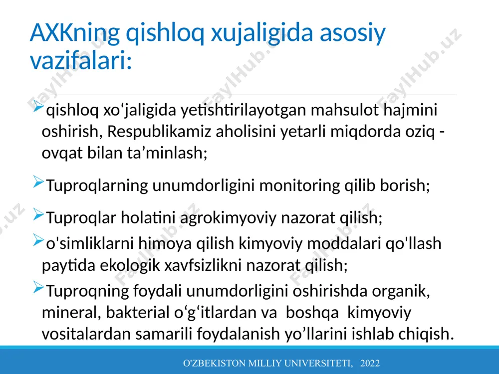 myoviy kartogrammalarni qo‘llagan holda xo‘jaliklarning istalgan masshtabdagi rejali kartografik bazasini tayyorlash; fermer xo'jaliklari va turli muassasalar mutaxassislariga maslahat yordami. agrokimyoviy xizmat ishini tashkil etishning asosiy asoslari agrokimyo xizmatining samarali ishini tashkil etishda eng muhimi bu haqdagi bilimdir: -- madaniy o'simliklarning biologik xususiyatlari va oziq elementlarga bo'lgan ehtiyoji (o'simliklarning oziqlanishi haqida); -- oziqlanishini ta'minlovchi elementlarning tuproq zahiralarining tarkibi va mavjudligi (tuproq haqida); -- mineral va organik o'g'itlar, agrokimyoviy moddalar, mikrobiologik preparatlar va boshqalarning optimal dozalari va shakllari (o'g'itlar to'g'risida); -- hududning tabiiy-iqlim xususiyatlaridan kelib chiqqan holda o'g'itlar bilan ishlash texnologiyalari (mintaqaviy xususiyatlar). o'zbekiston milliy universiteti, 2022 axkni respublikamiz qishloq xo‘jalik ekinlarining hosildorligi va tuproq unumdorligi, boshqa kimyoviy vositalar va mineral o‘g‘itlardan foydalanish samaradorligini oshirishdagi roli. kimyoning dehqonchilikda qo'llanilishini agronomik kimyo deb atasa bo'ladi va mantiq nuqtai nazaridan bu fanga qishloq xo'jaligining kimyo fani aralashgan barcha yo'nalishlari kiradi, deb hisoblaymiz. har bir yo'nalish agrokimyo fani tarkibida mustaqil yirik bo'limni tashkil qiladi. bular-“o'g'itlar …