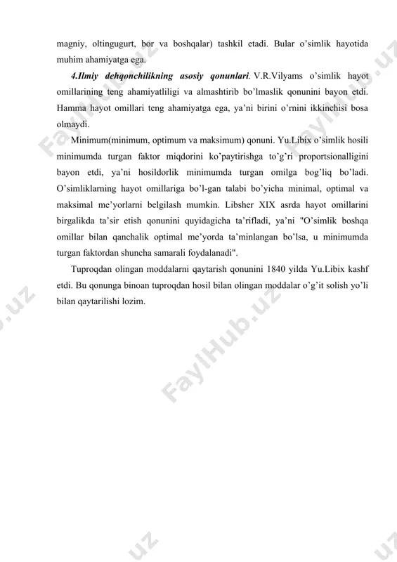 boratoriya ishlari va amaliy mashg’u-lotlar t:. «o’qituvchi»,1979 . 5. tursunxujaev z., bolkunov a. nauchniyi osnovi xlopkovix sevooborotov. t.: mehnat, 1987. 6.h.sheraliev. m.shodmanov dehqonchilik. ma’ruzalar matni t.:2004 7. astanov r., shodmanov m., madraimova s. sistema zemleldeliya .tekst leksiy. t.: 2004. 8. o’zbekiston respublikasining "suvdan foydalanish to’g’risida"gi qonuni, t.1993.