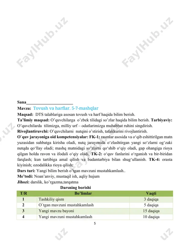 `batlantirish. darsni yakunlash. 10 daqiqa 6 uyga vazifa 2 daqiqa jami 45 daqiqa i. tashkiliy qism: a) salomlashish , davomot aniqlash, tozalikni tekshirish. c) ma’naviyat daqiqasini o’tkazish ii. o’tgan mavzuni mustahkamlash. tarqatmalar yordamida o’quvchilarni darsga jalb etish.uyga berilgan vazifani tekshirib baholash. 7-mashq. ko‘rsatkichlar asosida so‘z tuzing va yozing ota, ona, ana, aka savollarga og‘zaki javob bering: 1. o‘zbek tilida nechta tovush bor? 2. tovushni nima qilamiz? 3. tovushlar yozuvda nimalar bilan ifodalanadi? 4. o‘zbek tilida nechta harf bor? 5. nimani yozamiz, ko‘ramiz, o‘qiymiz? iii yangi mavzu bayoni 8 – mashq. o’qing she’r qaysi shahar haqida ekanini ayting. poytaxt shahar, bosh shahar, qadim tuproq, shosh shahar... sen tinchlik qo‘ng‘irog‘i, sen ozodlik kuyisan. muhammad yusuf topshiriq: she’rning dastlabki ikki qatorini ko’chiring. unlilar tagiga chizing. poytaxt shahar, bosh shahar, qadim tuproq, shosh shahar. o’ylang! shaharlarga qo’yilgan nomlar qanday harf bilan yoziladi? iv yangi mavzuni mustahkamlash 9 - mashq. katakchadagi harflardan foydalanib so’zlar tuzing …