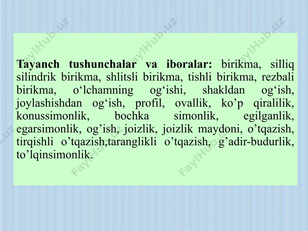 q skeleti” ko’rinishida ifodalanishi. konussimon sirtli birikma birikma silliq silindrik birikma slitsali birikma tishli birikma yassi sirtli birikma rezbali birikma cherviyakli birikma vintli birikma mashinasoz-likda qo’llaniladi birikmalar silliq silindrik va konussimon birikmalar yassi sirtli birikmalar rezbali va vintli birikmalar tishli va cherviyakli birikmalar slitsali birikmalar detallarning o‘lchamlari haqida tushuncha detallarning o‘lchamlari va shakli mashinalarni konstruksiyalashtirishda aniqlanadi. konstruktor detallarning ishlash sharoitini bilgan holda, material tanlaydi va eng ma'qul shaklini belgilab oladiki, uning hisoblab chiqilgan o‘lchamlari ishchi yuklanish ostida detalning materiali, mustahkamlik zahirasini saqlaydi. hisoblarda hosil bo‘lgan detal o‘lchamlarining miqdori me'yoriy miqdorgacha yaxlitlanadi va ko‘p holatlarda butun raqamgacha keltirilib, bu oxirgi o‘lcham chizmalarga qo‘yiladi. detallarni yasash uchun chizma asosiy hujjat hisoblanadi. chizmaga qo‘yilgan har qanday o‘lcham (uzunlik, eni, diametr va h.k) nominal o‘lcham bo‘lib hisoblanadi. bu o‘lcham hamma vaqt haqiqiy o‘lchamdan farq qiladi, chunki haqiqiy o‘lcham, detalga ishlov berish natijasida hosil bo‘ladi. haqiqiy o‘lcham deb, yo‘l qo‘yilgan xatolik bilan o‘lchangan o‘lchamga aytiladi. …