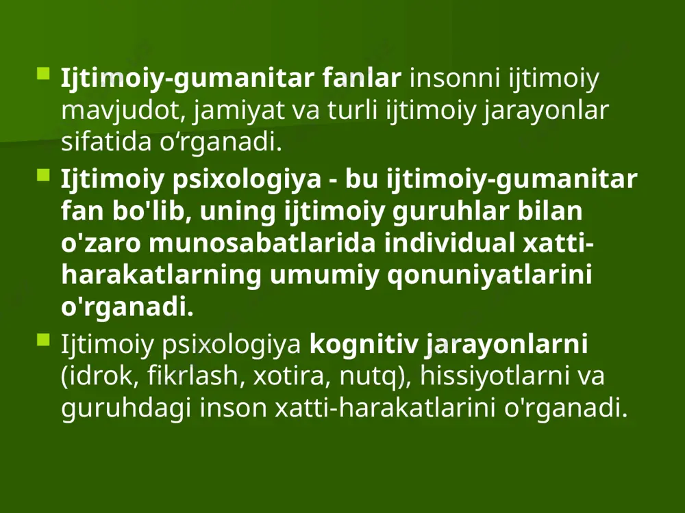 ta'sir qonuniyatlarini shakllantirishga intiladi. diqqat qilish! sotsiologiya tarixdan farqli ravishda zamonaviylikni o‘rganadi. psixologiya individual shaxslarni, ularning psixikasini va shaxsiyat rivojlanishining xususiyatlarini o'rganadi . psixologiya insonning biologik jihatlari bilan ham bog'liq. ijtimoiy psixologiya sotsiologiyadan takrorlanuvchi xulq-atvor namunalarini, umumiy umumiy xususiyatlar va belgilarni tushunish istagini oldi. psixologiyadan - psixologik jarayonlarni va o'rganish ko'lamini o'rganishga e'tibor berish (ijtimoiy tuzilishning katta elementlari emas, balki individual va kichik guruhlar). amaliy xususiyatga ega . undan korxona rahbarlari, o'qituvchilar va ijtimoiy harakatlarning rahbarlari jamoada odamlarning birgalikdagi faoliyatini malakali tashkil etish uchun foydalanishlari mumkin . siyosatshunoslar - hokimiyat munosabatlarini optimallashtirish. marketologlar - iste'molchilar va uy xo'jaliklariga reklamaga yanada muvaffaqiyatli ta'sir qilish. image1.jpeg image2.jpeg image3.png image4.jpeg image5.jpeg image6.png image7.png