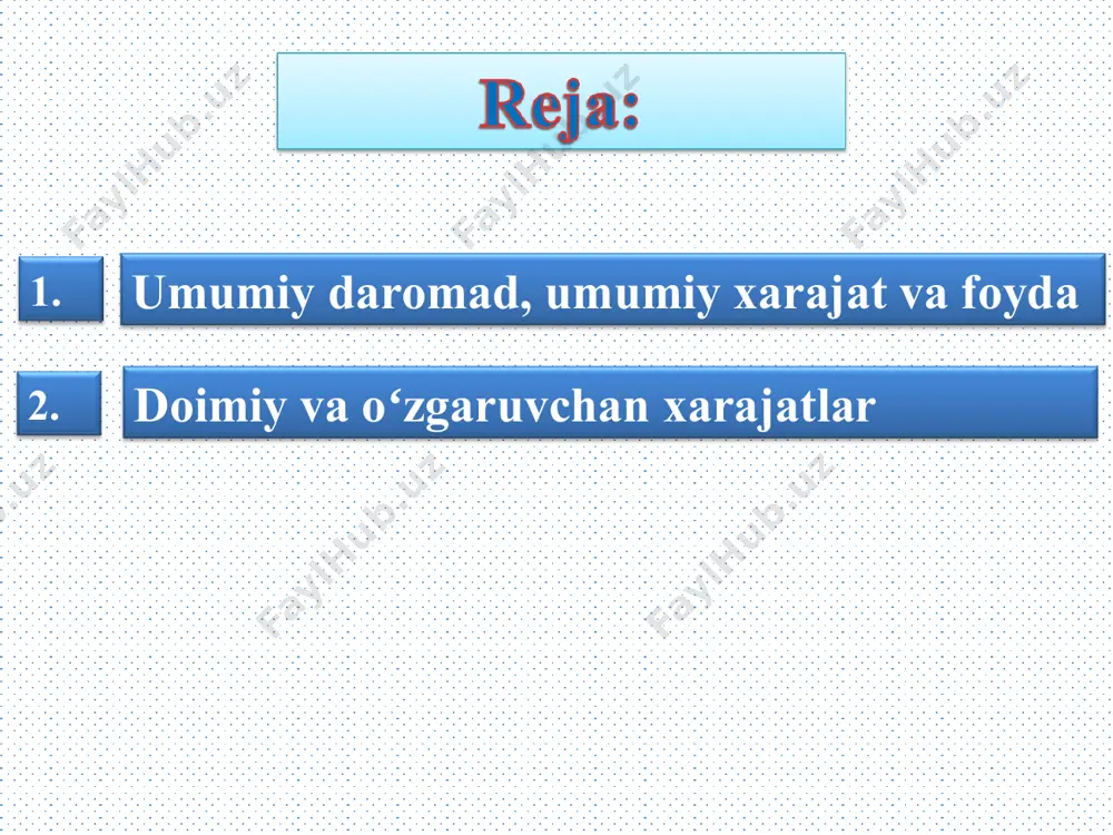 (b) umumiy xarajat egri chizigʻi umumiy xarajat egri chizigʻi mahsulot miqdori (a) cxizmadagi ishlab chiqarish funksiyasi yollangan ishchilar miqdori va ishlab chiqarilgan mahsulot miqdori oʻrtasidagi bogʻliqlikni koʻrsatadi. bu yerda yollangan ishchilar miqdori (gorizontal kesimda) birinchi jadvalda va birinchi ustunda berilgan va yaratilgan mahsulot miqdori (vertikal kesimda) ikkinchi ustunda berilgan. ishchilar miqdori oshgan sari ishlab chiqarish jarayoni tekislanib boradi, bu qoʻshimcha mahsulot kamayishini aks ettiradi. (b) chizmadagi umumiy narx elastikligi yaratilgan mahsulot miqdori va umumiy ishlab chiqarish xarajati oʻrtasidagi bogʻliqlikni koʻrsatadi. bu yerda yaratilgan mahsulot miqdori (gorizontal kesimda) birinchi jadvaldagi ikkinchi ustunda berilgan va umumiy xarajat (vertikal kesimda) oltinchi ustunda berilgan. chekli mahsulot kamayishi tufayli, umumiy xarajat elastikligi yaratilgan mahsulot ortishi bilan koʻtarilib borgan. firmaning ishlab chiqarish funksiyasi va umumiy-xarajat egri chizigʻi 9.2. doimiy va oʻzgaruvchan xarajatlar firmaning umumiy xarajatlari ikki turga boʻlinadi ya’ni - 1. doimiy xarajatlar - uni ishlab chiqarilgan mahsulot miqdoriga aloqasi yoʻq. ular firma hech narsa ishlab …