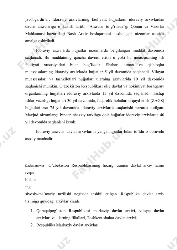 buxoro, jizzax, qashqadaryo, navoiy, namangan, samarqand, surxondaryo, sirdaryo, toshkent, farg’ona, xorazm viloyatlari davlat arxivlari hamda toshkent shahar davlat arxivi faoliyat ko’rsatmoqda. joylarda ularning 55 filiali mavjud. viloyat arxivlarida asosan oktyabr to’ntarishidan keyingi davrda joylardagi siyosiy ahvol, mintaqalar hamda viloyatlarning iqtisodiy va madaniy taraqqiyotiga oid hujjatlar saqlanmoqda. masalan, farg’ona viloyat davlat arxivi fondlari farg’ona viloyati va farg’ona shahri tarixini, qisman bir vaqtlar farg’ona viloyat tarkibiga kirgan andijon va namangan viloyatlari tarixini ham aks ettiradi. farg’ona viloyat ishchi, soldat va dehqon deputatlari sovetining fondi (121-f.) vodiyda sho’rolar hokimiyatining o’rnatilishi, ocharqilik va ishsizlikka qarshi kurash, istiqlolchilik harakati, ayollarni ozodlikka chiqarish kabi masalalarni yoritadi. arxiv fondlaridagi hujjatlari viloyatda sanoat korxonalarining bunyod etilishi, sug’orish shoxobchalari, jumladan, katta farg’ona kanalining qurilishi, maorif va madaniyatning rivojlanishi haqida batafsil ma’lumotlar beradi. farg’ona viloyat davlat arxivida fotosuratlar fondi ham mavjud bo’lib, bu rasmlarda ishga tushirilgan korxonalar, sug’orish inshootlari, bunyod etilgan qasaba (posyolka) larning umumiy ko’rinishi aks ettirilgan. deputatlar, faxriylar, …