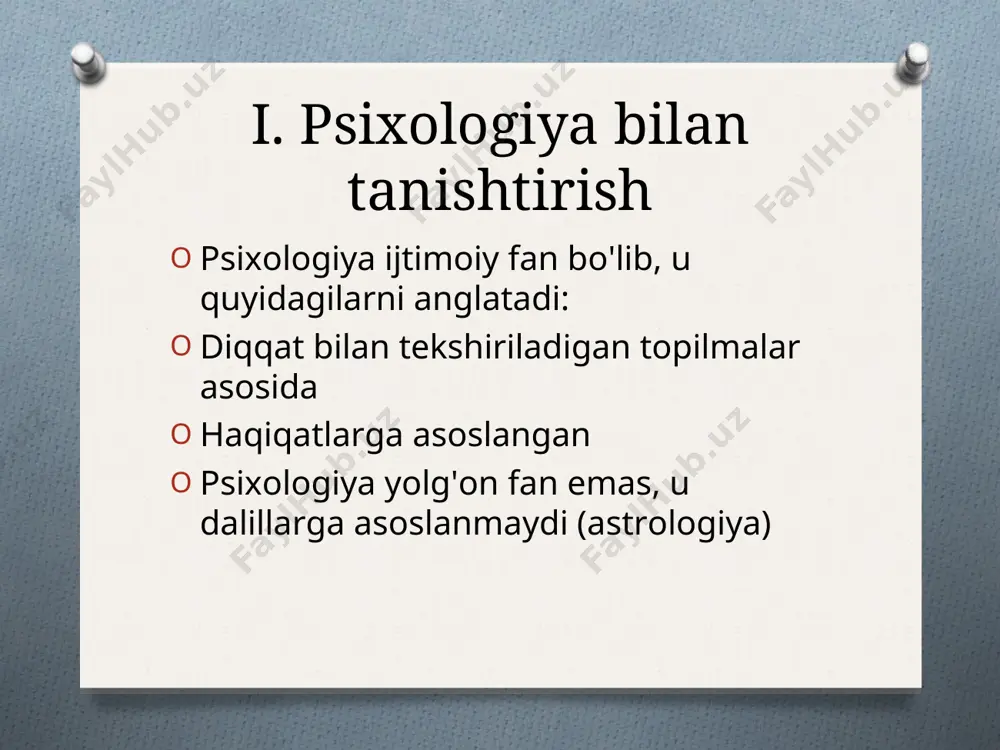 rdir u nemis psixologlari maks vertxaymer va volfgang köler tomonidan ishlab chiqilgan v. gestalt psixologiyasi gestalt psixologiyasi tajribani alohida qismlarga yoki elementlarga ajratish mumkinligi haqidagi strukturalist g'oyani rad etadi shuningdek, u faqat kuzatiladigan xatti-harakatlar muhim degan bixevioteristik g'oyani rad etadi gestalt psixologiyasi ong ma'lumotni qanday qilib mazmunli yaxlitlikka ajratishini tartibga solishga qaratilgan v. gestalt psixologiyasi important people to know wilhelm wundt "zamonaviy psixologiyaning otasi" deb hisoblanadi” germaniyada birinchi psixologiya laboratoriyasini tashkil qildi (1879) psixologiyaning strukturalizm sohasi bilan bog'liq zigmund freyd psycho psixoanalitik / psixodinamik asoschisi